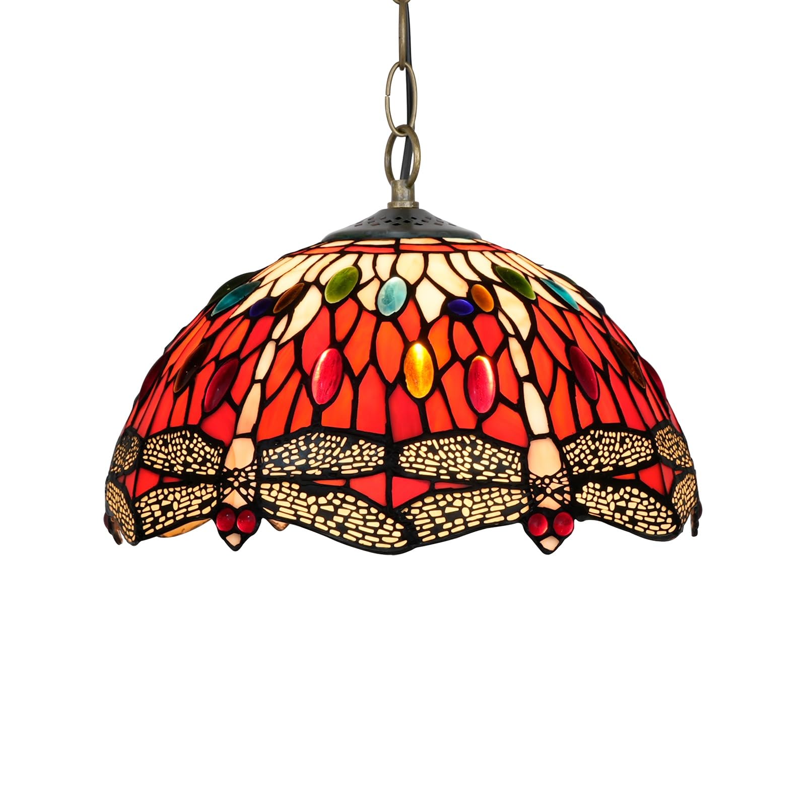 HJRegaFimu 12 Inches Lamp Stained Glass Ceiling Pendant Light Vintage Deco Red Dragonfly Hanging Chandelier For Bedroom Kitchen Island Dining Living Room Corridor