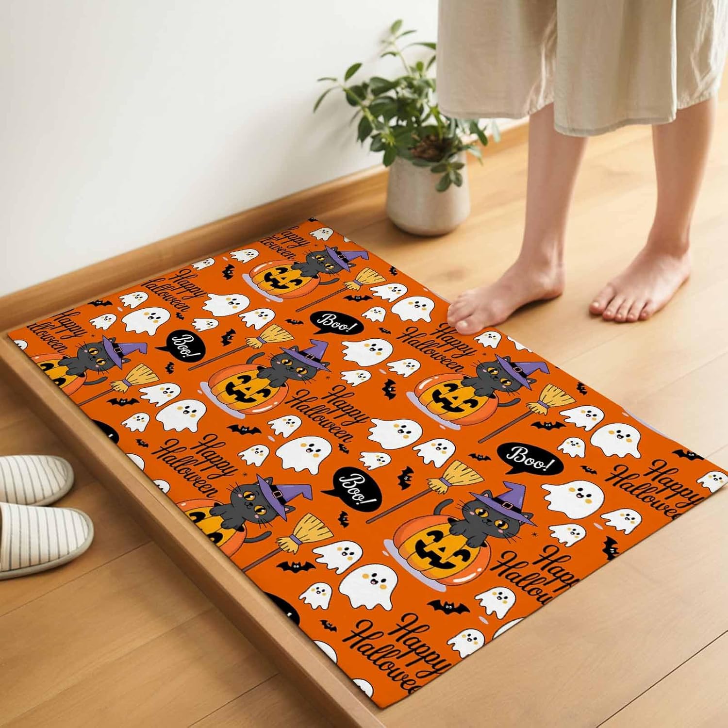 Happy Halloween Boo Doormats Rugs- Cartoon Pumpkin Spooky Black Cats Ghosts Non-Slip Entrance Door Mats Carpet Indoor for Home/Bathroom/Kitchen/Bedroom,Large 18x30inch, Orange