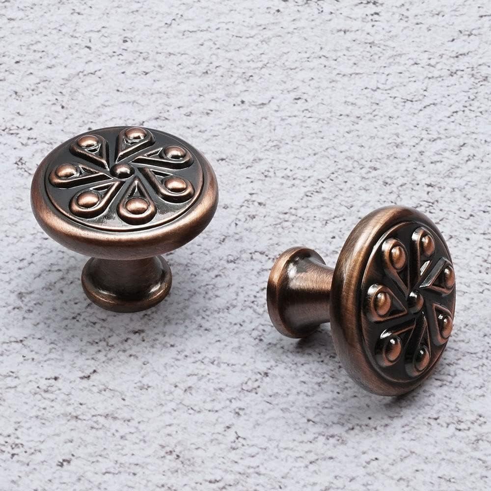 Antique Copper Cabinet Knobs, 5 Pack - CF0323ACH Drawer Cabinet Decorative Pull Handle Knob, Wardrobe Hole Pull, Round Knobs - 1-3/16In Diameter, Z80323-ACH, L30xW30xH25mm