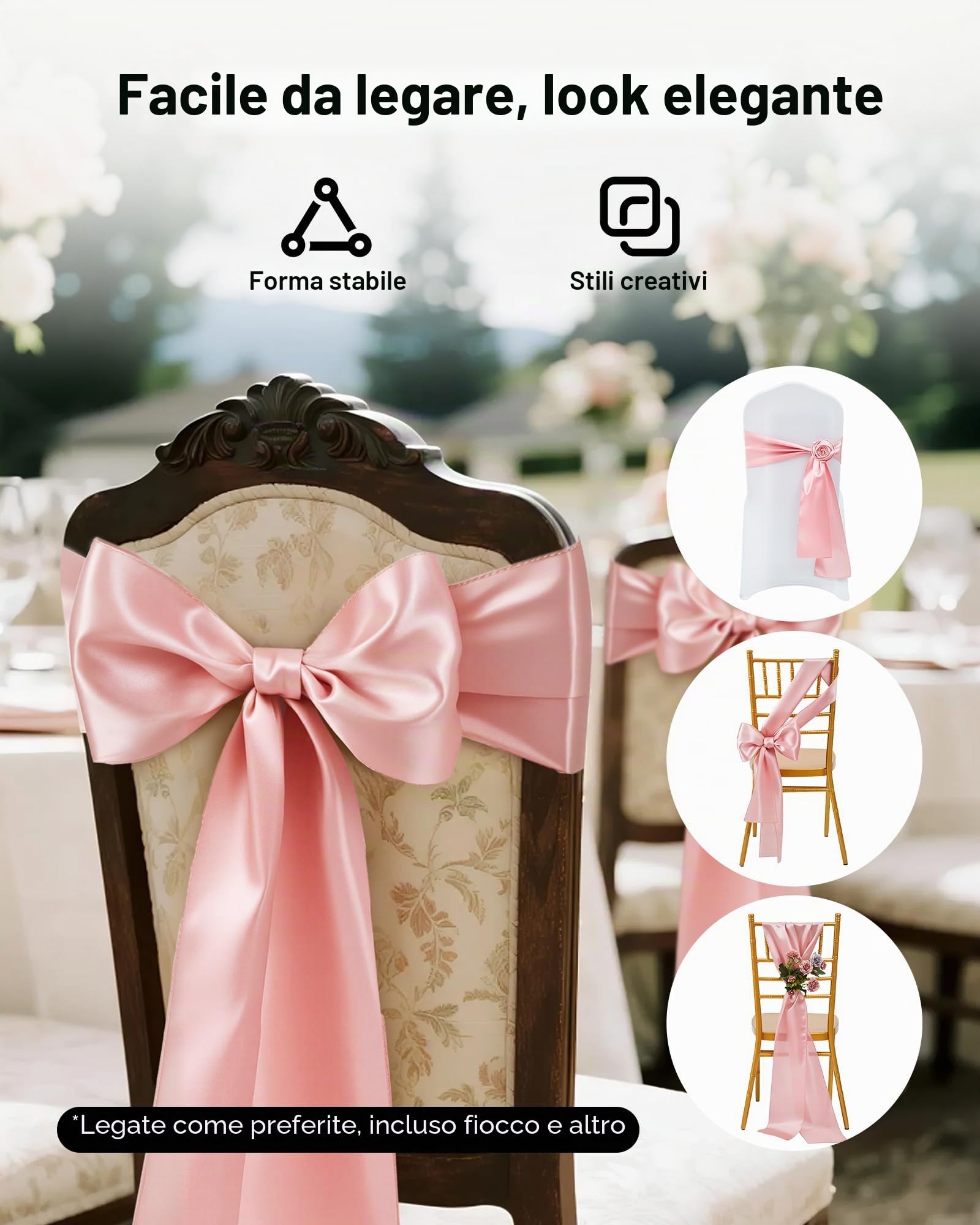 VEVOR Fasce per Sedie in Raso con Fiocchi, Fasce per Sedie per Legare, Nastri per Sedia Fiocchi di Nozze per Matrimoni, Feste, Banchetti, Coprisedie per Banchetti, 275 x 17 cm, 100 Pezzi Oro Rosa