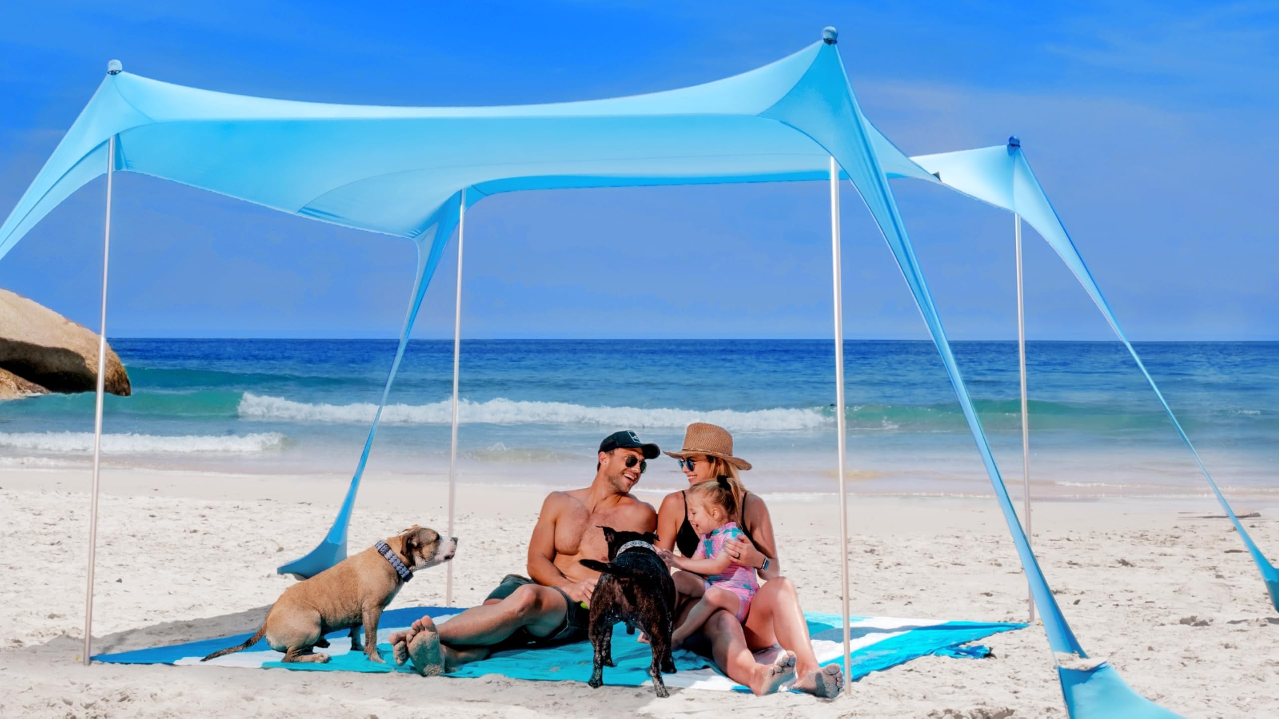 SUN NINJA Beach Tent Sun Shelter UPF50+ - Easy Pop Up Beach Canopy - Outdoor Shade for Camping Trips, Fishing, Backyard Fun Picnics - Sand Shovel, Ground Pegs & Stability Poles