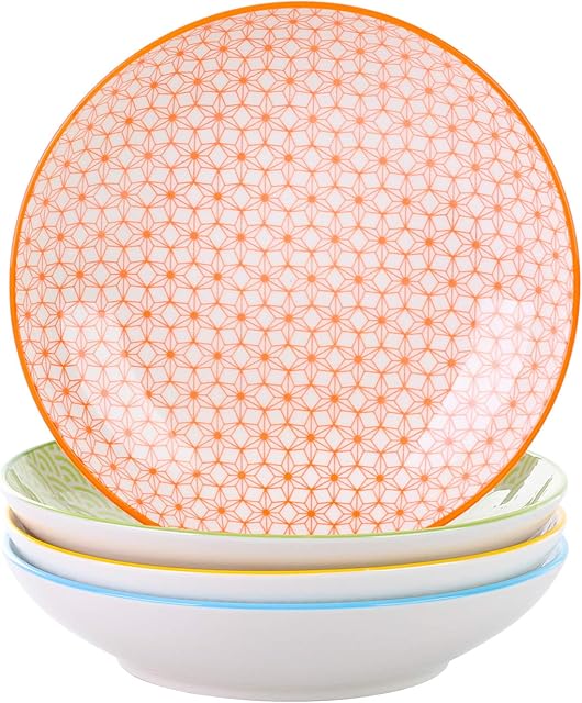 vancasso Natsuki 8.5 inch Pasta Bowls Set, 4 Pieces Japanese Style Deep Plates, Porcelain Colorful Soup Plate Set (21 * 21 * 4.5cm)