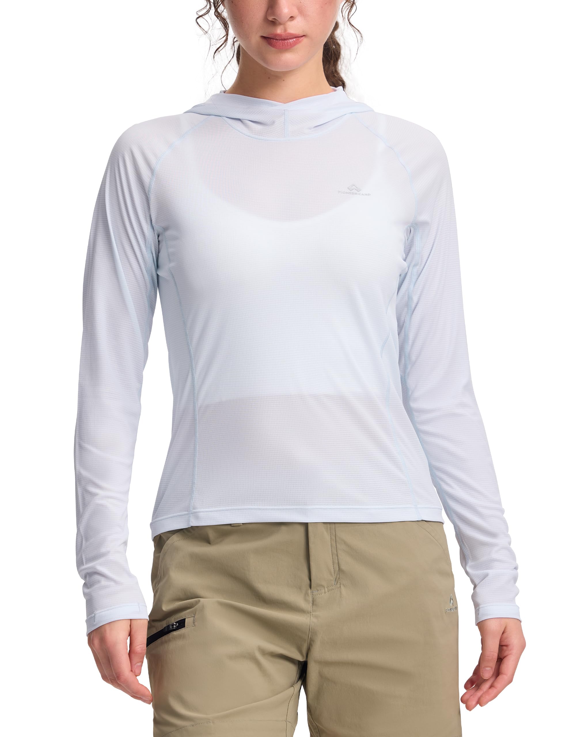 Pioneer Camp Damen Wandershirt mit Kapuze, Ultraleichtes Funktionsshirt (90g), Schnelltrocknend & Atmungsaktiv, UPF23+ Langarm UV-Shirt mit Daumenlöchern, für Trekking Wandern Camping Laufen