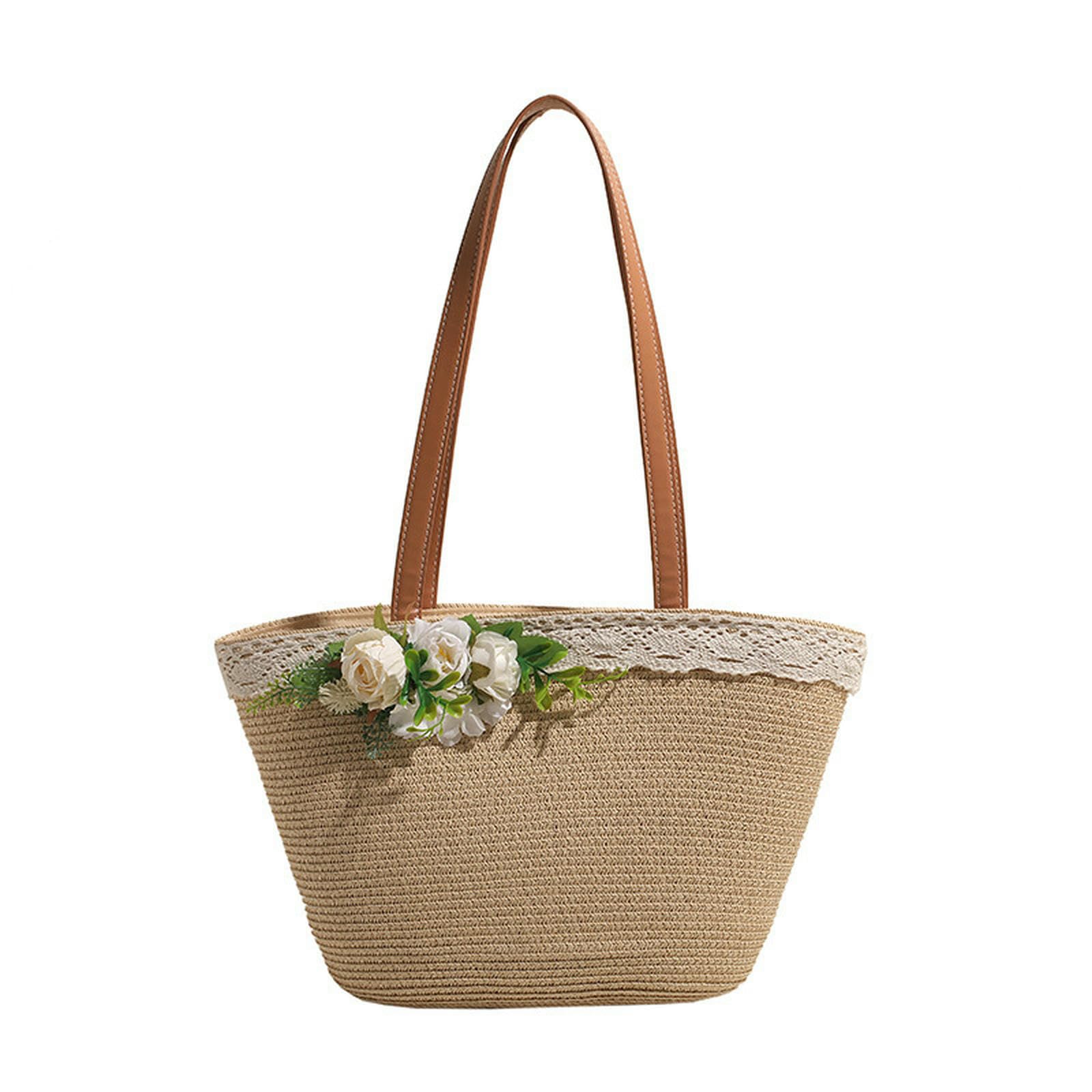 Strohtasche Damen Strohbeutel Frauen Sommerstrandtasche Große Kapazität Strohtasche Mit Zipper Beach Totes Gewebte Umhängetasche-beige