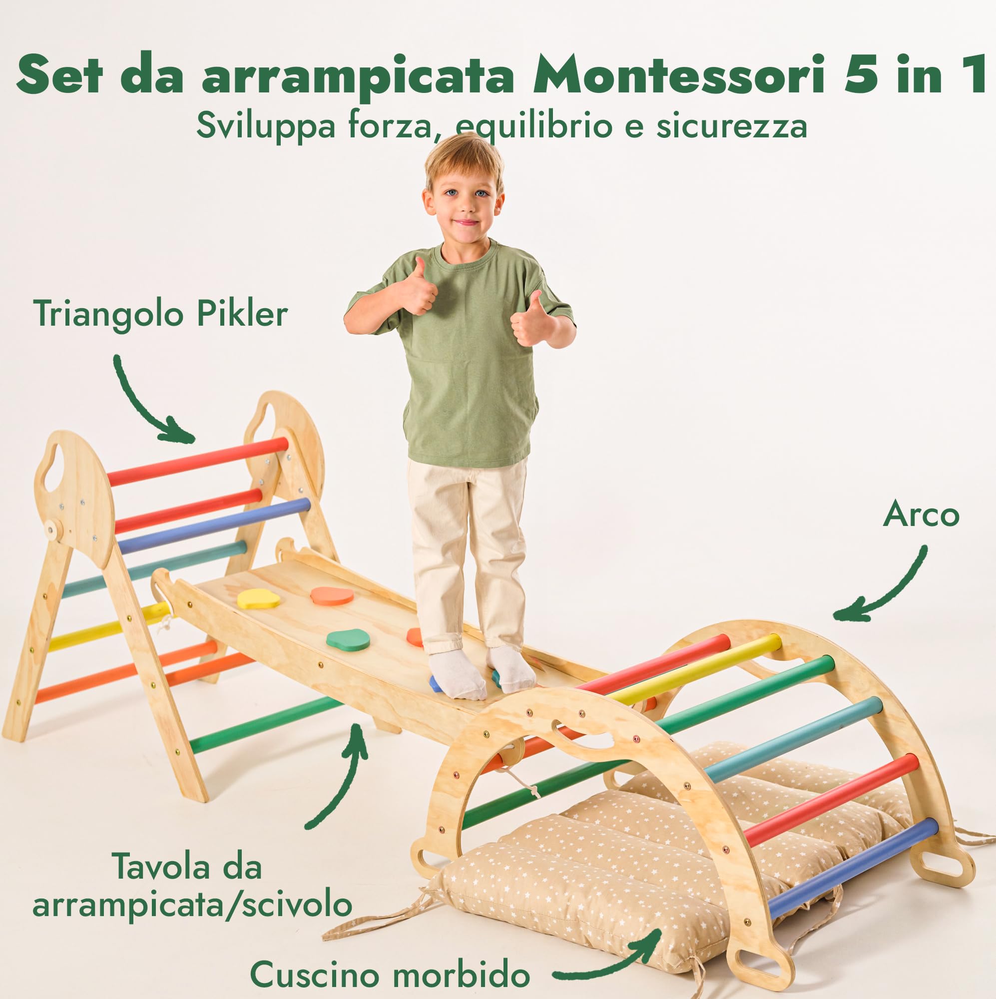Goodevas Set 5-in-1 Montessori per arrampicata: triangolo da arrampicata per interni, arco da arrampicata con cuscino e scivolo per bambini, parco giochi al coperto 1-3 anni