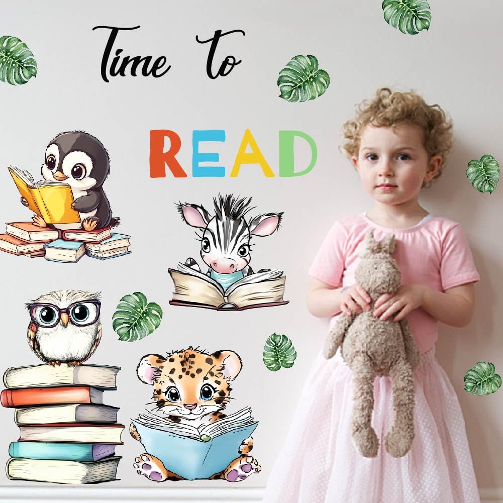 SUPERDANT Time to Read Animal Book Wall Stickers Educational Animals Reading Wall Decals Nursery Peel and Stick Walls Art Stickers for Kids Room Kindergarten Classroom Reading Corner School Decor