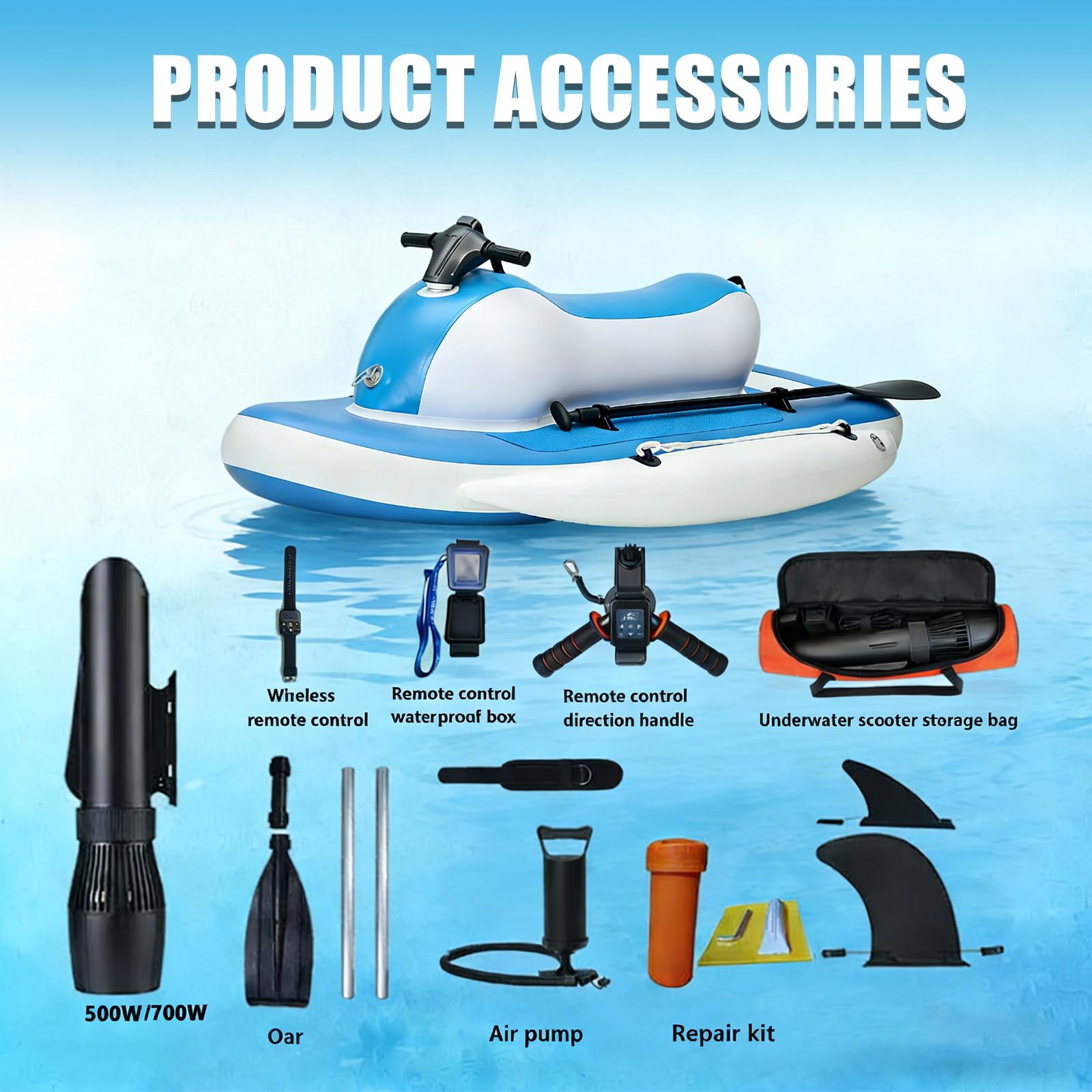 2026 Moto Acuática con Scooter Submarino/Bote Inflable Jet Boat Pro – Motor Sin Escobillas 500W/700W, Control Remoto 10 Velocidades, Batería 10000/16000mAh, 7-11 km/h (4.3-6.8 mph) 700w