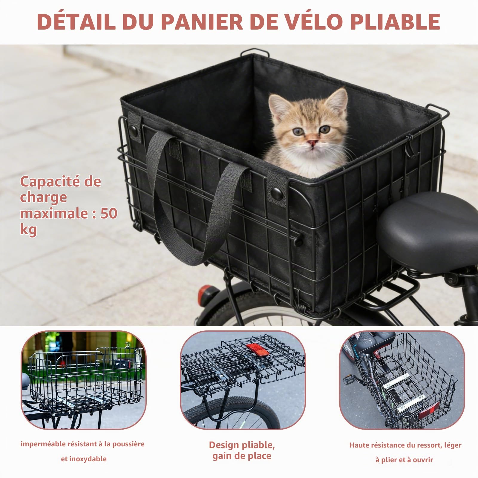 W&H Panier de vélo arrière pliable avec sac intérieur imperméable amovible, filet à bagages, housse étanche, bandes réfléchissantes