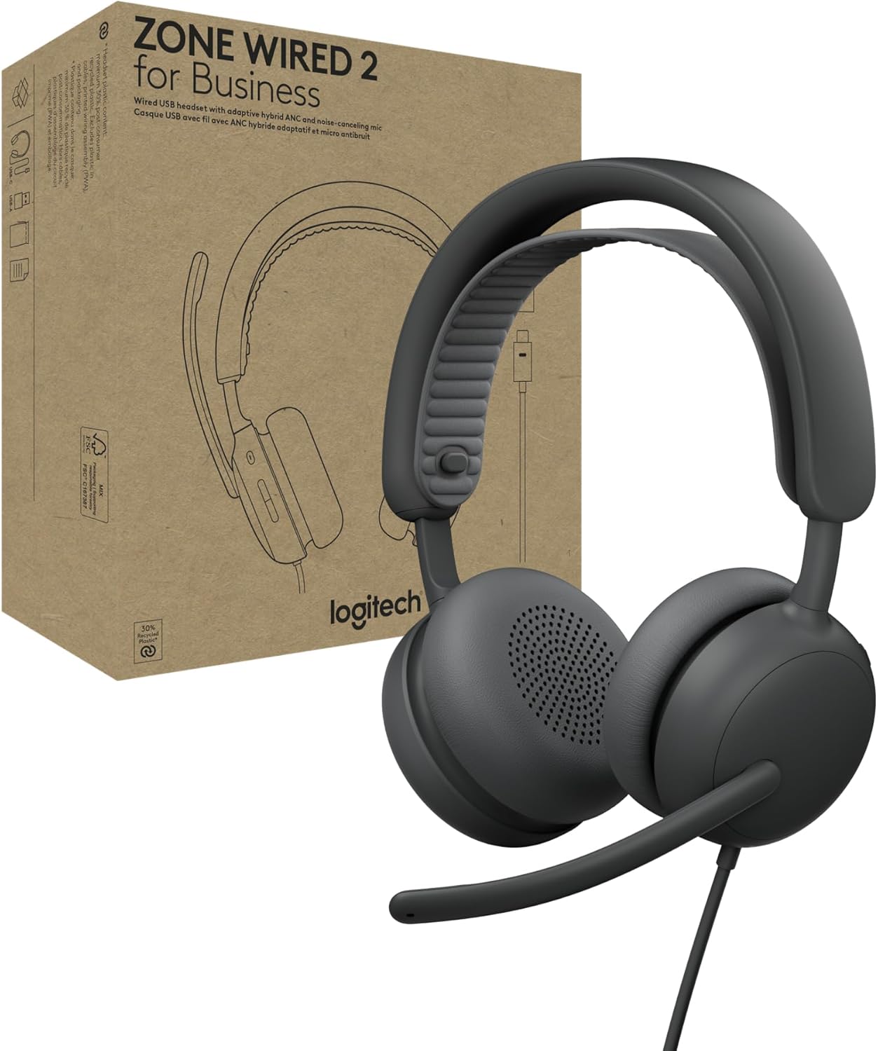 Logitech Zone Wired 2 for Business - Noise-Canceling Headset with Adaptive Hybrid ANC, Zoom & Google Certified, USB-C with USB-A Adapter - Graphite
