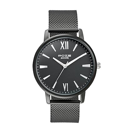 Sonata Poze Quartz Analog Grey Dial Mesh Strap Watch for Men_SP70039KM02W