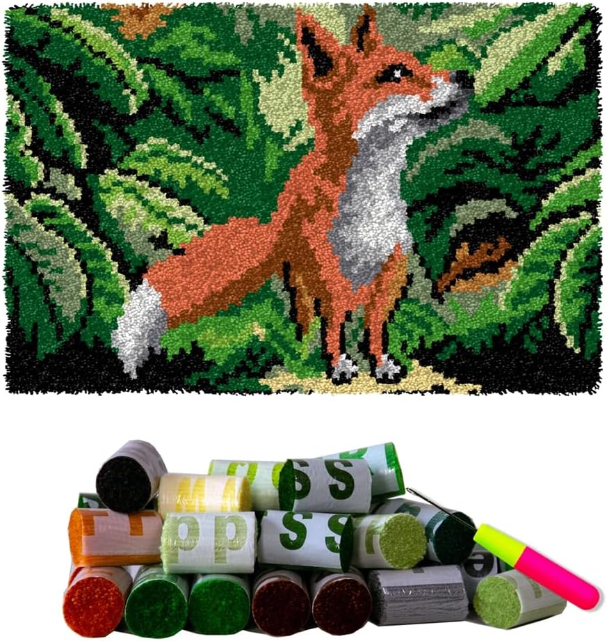 DL-YTG Latch Hook Kits Rug Fox Crochet Yarn Cushion Colour Pre-Printed Canvas Cover Rug Needlework DIY Hook and Latch Kit Christmas Home Decoration 60X40cm/24x16 inch