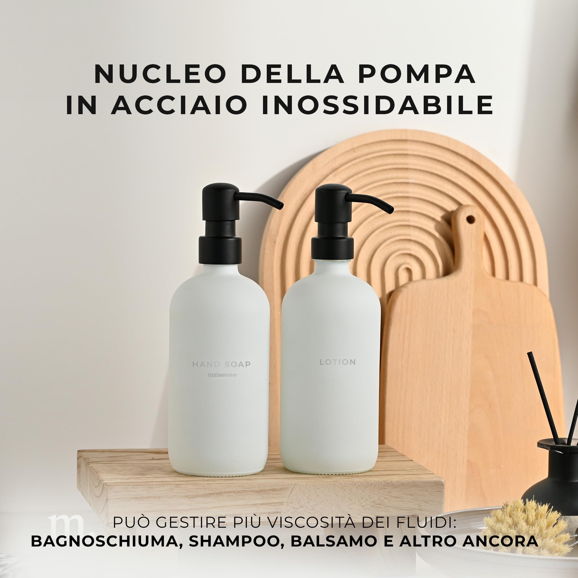 MaisoNovo Set di 2 dispenser per sapone da bagno - Dispenser per sapone liquido da 500 ml - Flaconi bianchi con pompe in plastica nera