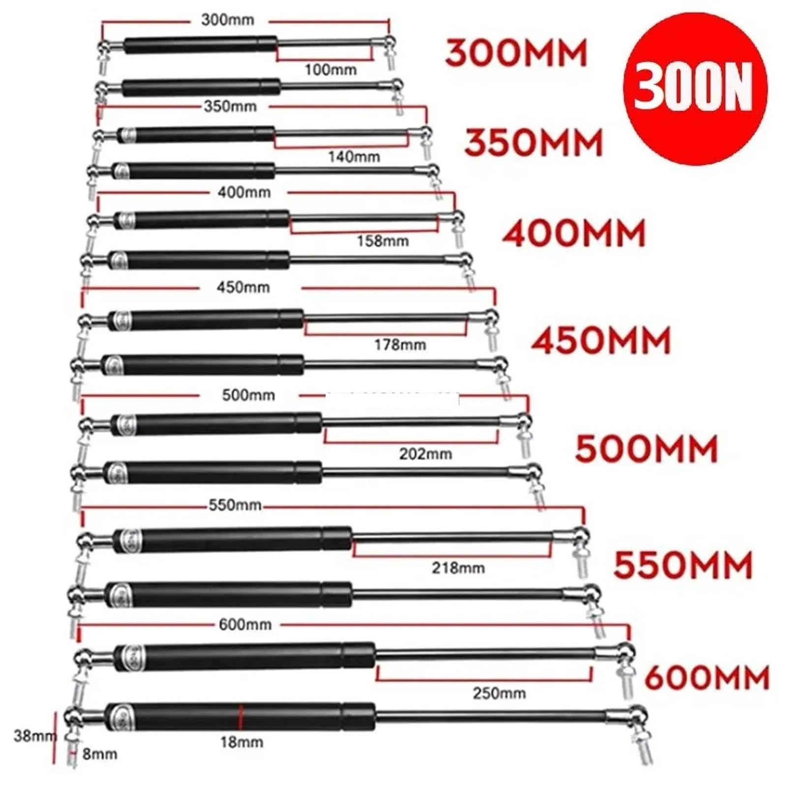 300-600 mm 300N uniwersalny wspornik do podnoszenia amortyzator gazowy sprężyna gazowa wsparcie maski bagażnika do przyczep kempingowych drzwi okien tylnej klapy łodzi autobus 2 szt. (400 mm)