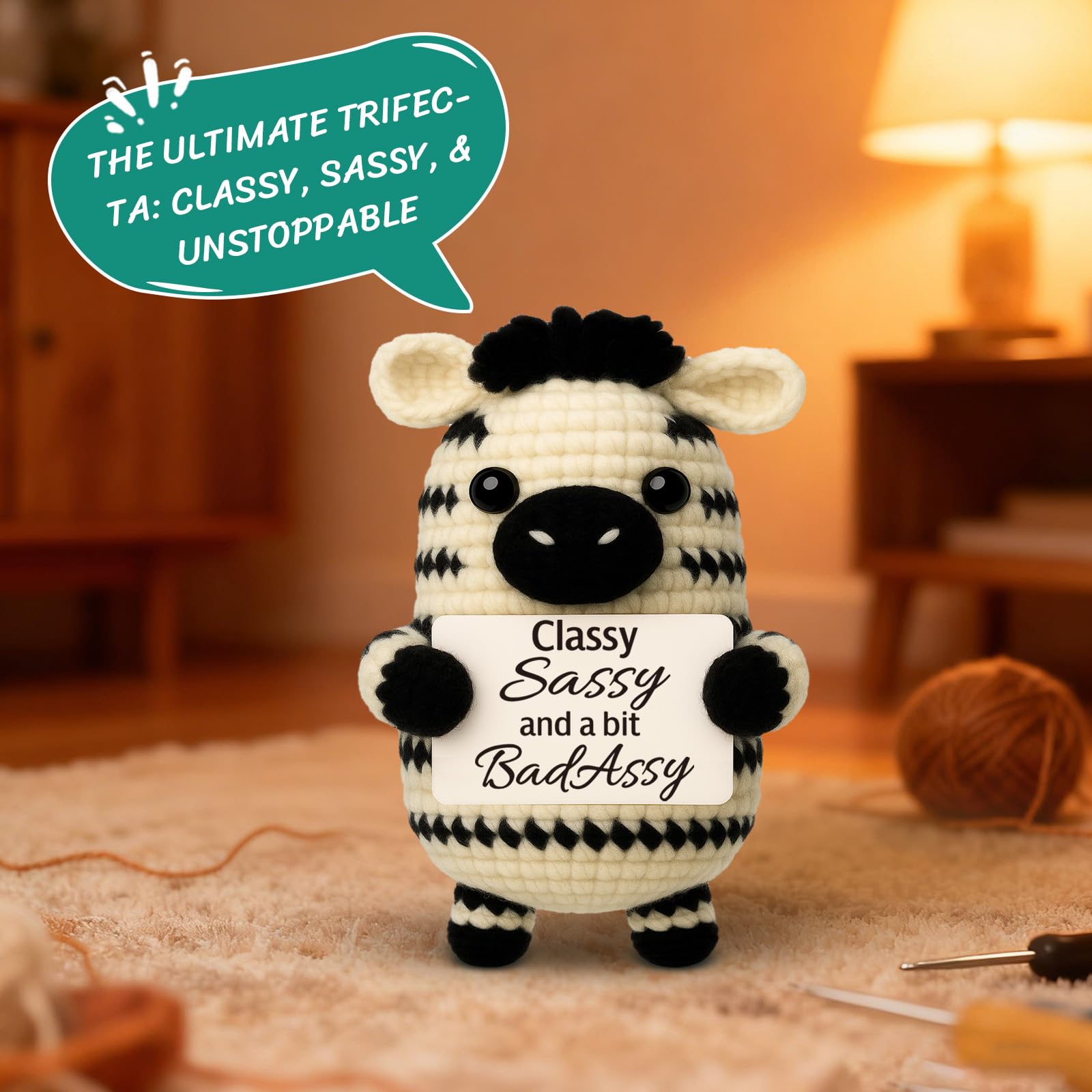 Funny Gifts for Women Men, Birthday Friendship Gift for Coworker, Work Bestie, Boss, Handmade Crochet Zebra, Sassy Badass Sign for Best Friend, Unique Desk Decor