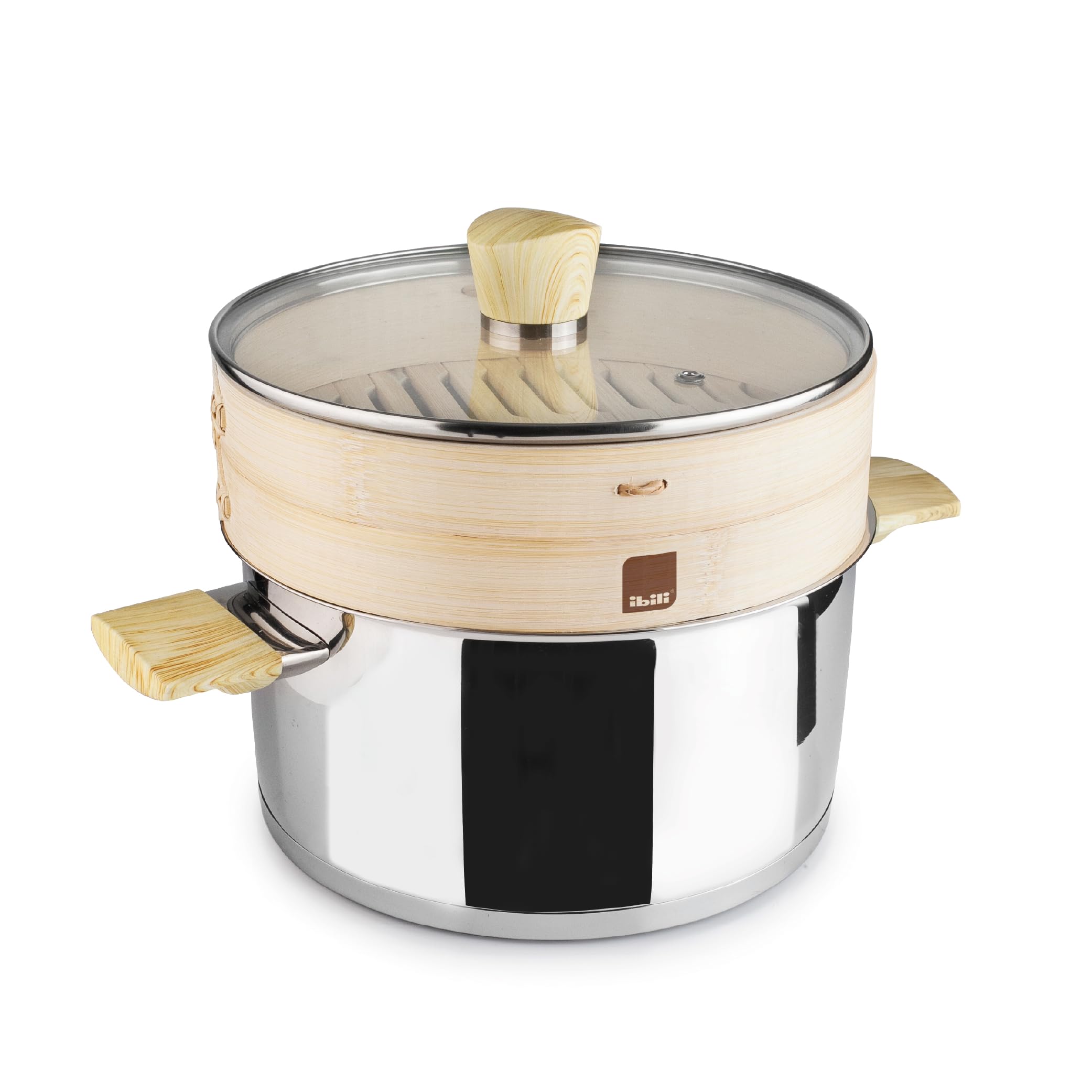 IBILI - Sanna 22 cm Pot + Steamer Set, Stainless Steel, Bamboo Basket, Suitable for Induction