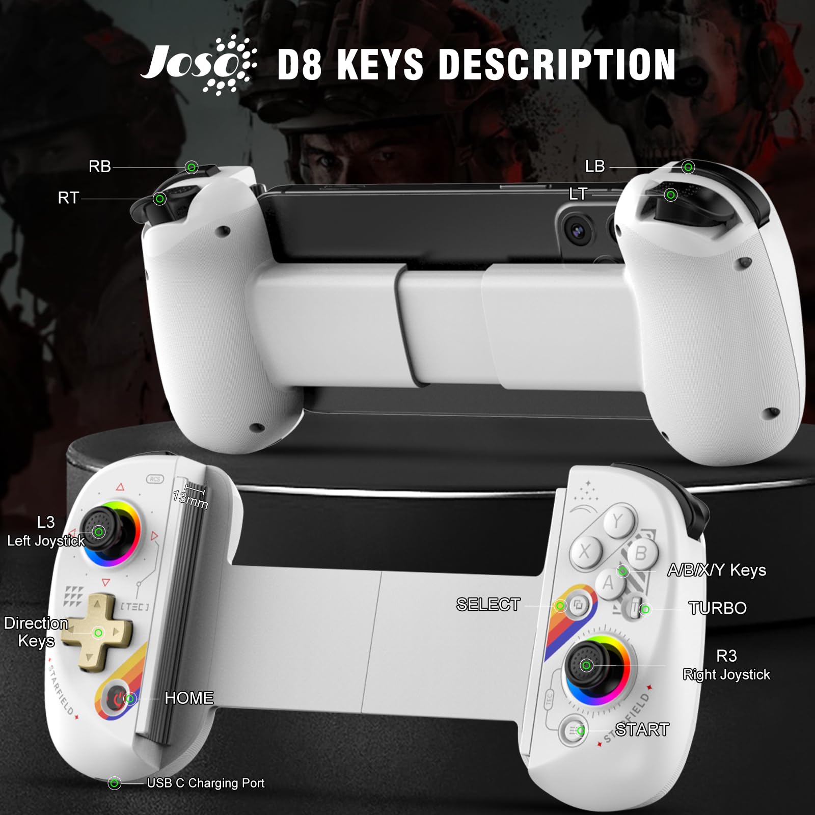Joso Phone Controller for iPhone/iPad/Android/Tablet, D8 Controller for Switch/PS/PC with Hall Effects Joysticks Play COD, Genshin Impact, Android Controller, Cloud Gaming/Remote Play, Emulators