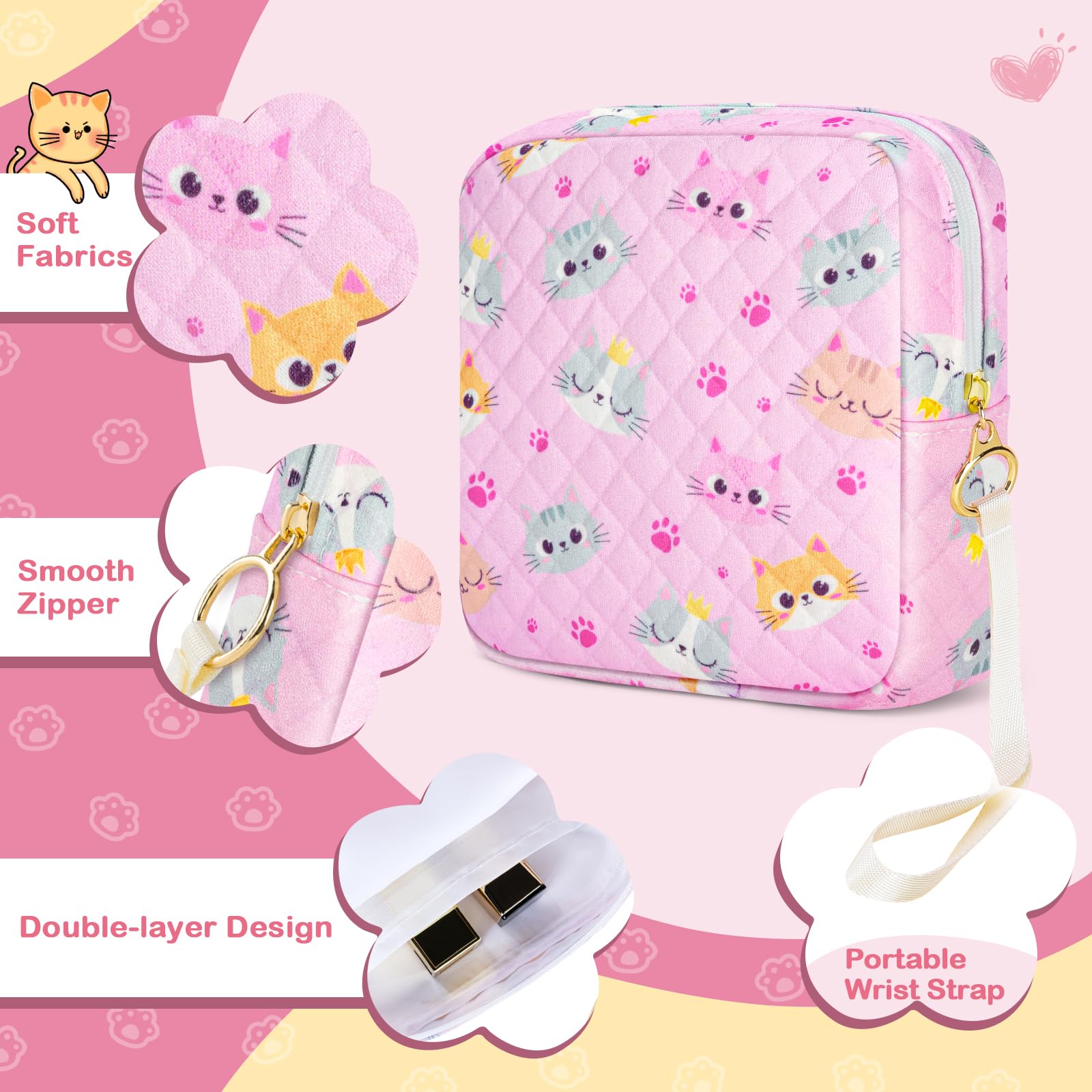 Tampon Holder for Purse, Quilted Period Bag Sanitary Napkin Storage Bag for Girls Womens, Portable Feminine Emergency Pad Period Pouch(Pink Cat)