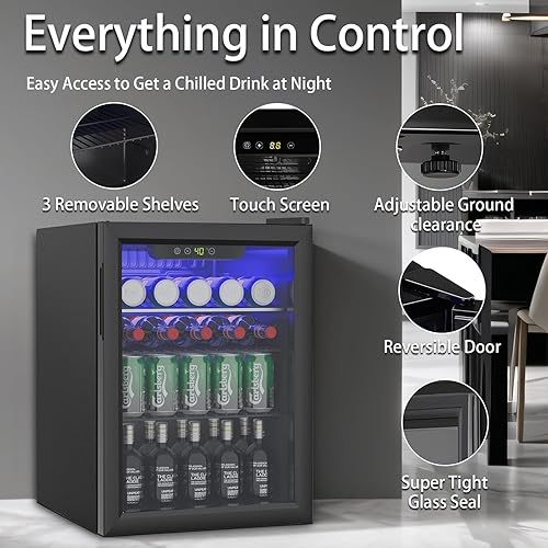 Miniatura 2 de Mini refrigerador de 2.6 pies cúbicos para 95 latas, refrigerador de bebidas con puerta de vidrio y pantalla digital, refrigerador pequeño de