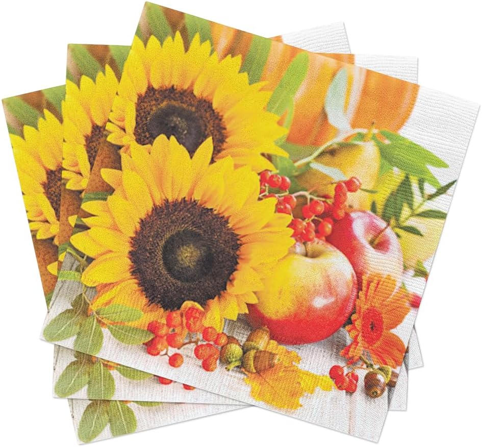 AUTUMN COMPOSITION Paper Lunch Napkins 40pcs, Sunflowers and Apples Napkins