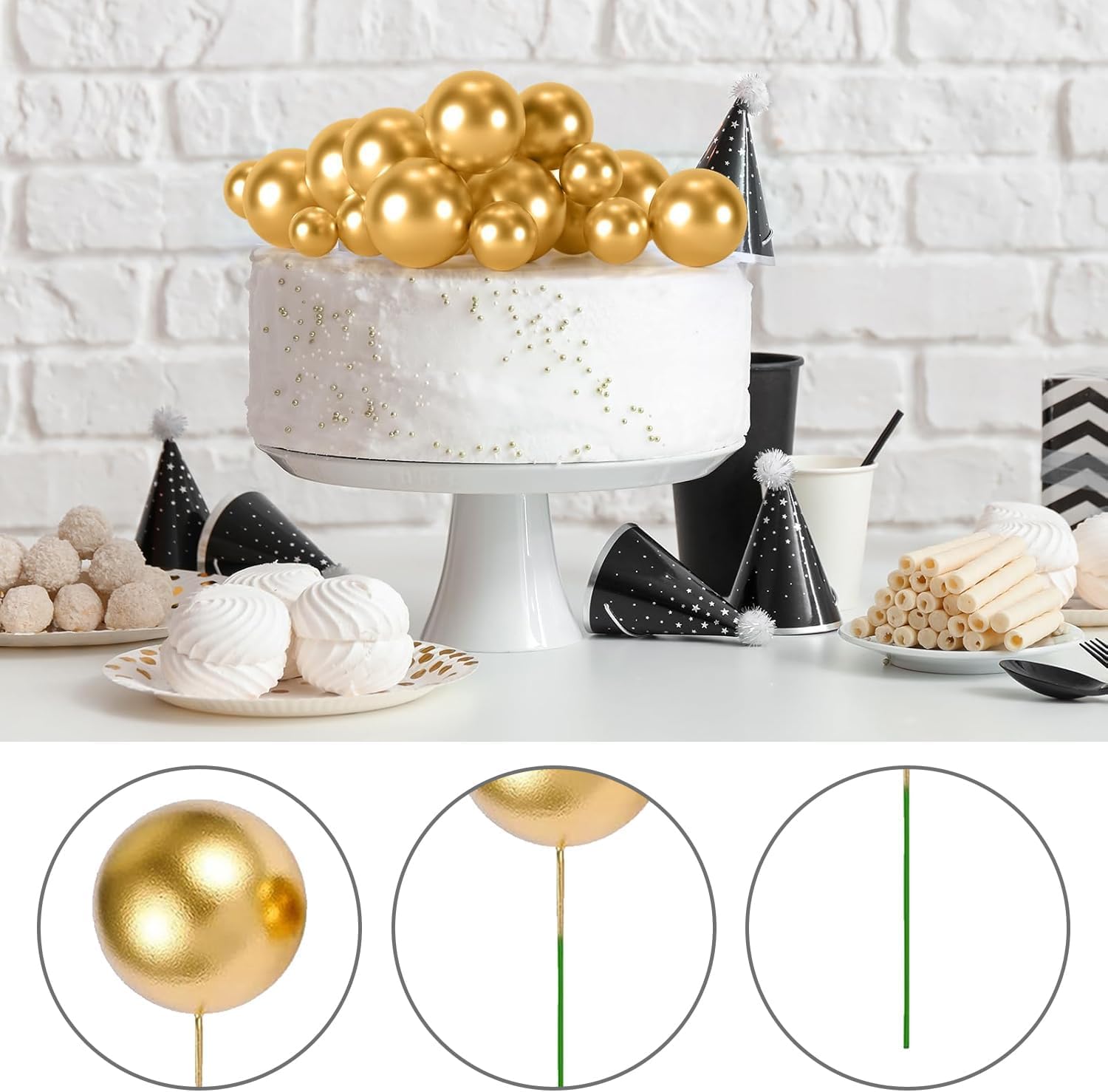 100-Piece Assorted Gold Cake Decorations - Metallic Foam Balls for Elegant Dessert Toppers Party Themes, and DIY Craft Projects - Image 3