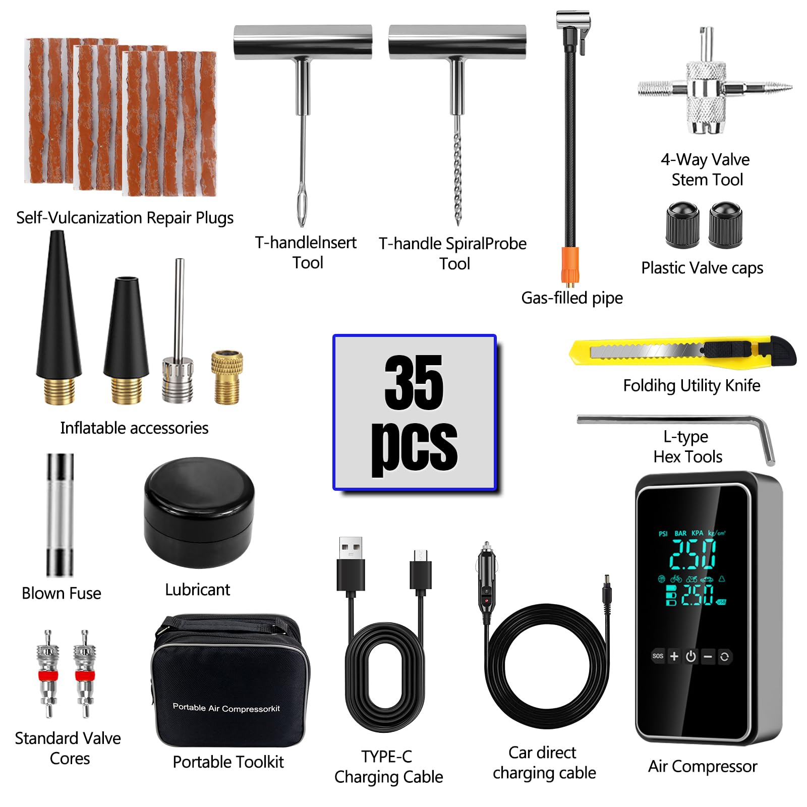Gonfleur de pneu portable avec kit de réparation de pneus, 150 psi et pompe à pneu sans fil 3 fois plus rapide avec écran LCD double écran pour voiture, vélo, moto, ballon