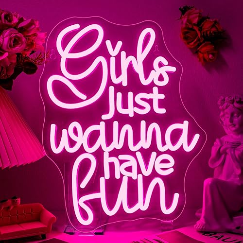 Letrero de neón "Girls Just Wanna Have Fun" para decoración de fiesta de los 80, luz LED de neón rosa retro para dormir, letrero de neón para Have