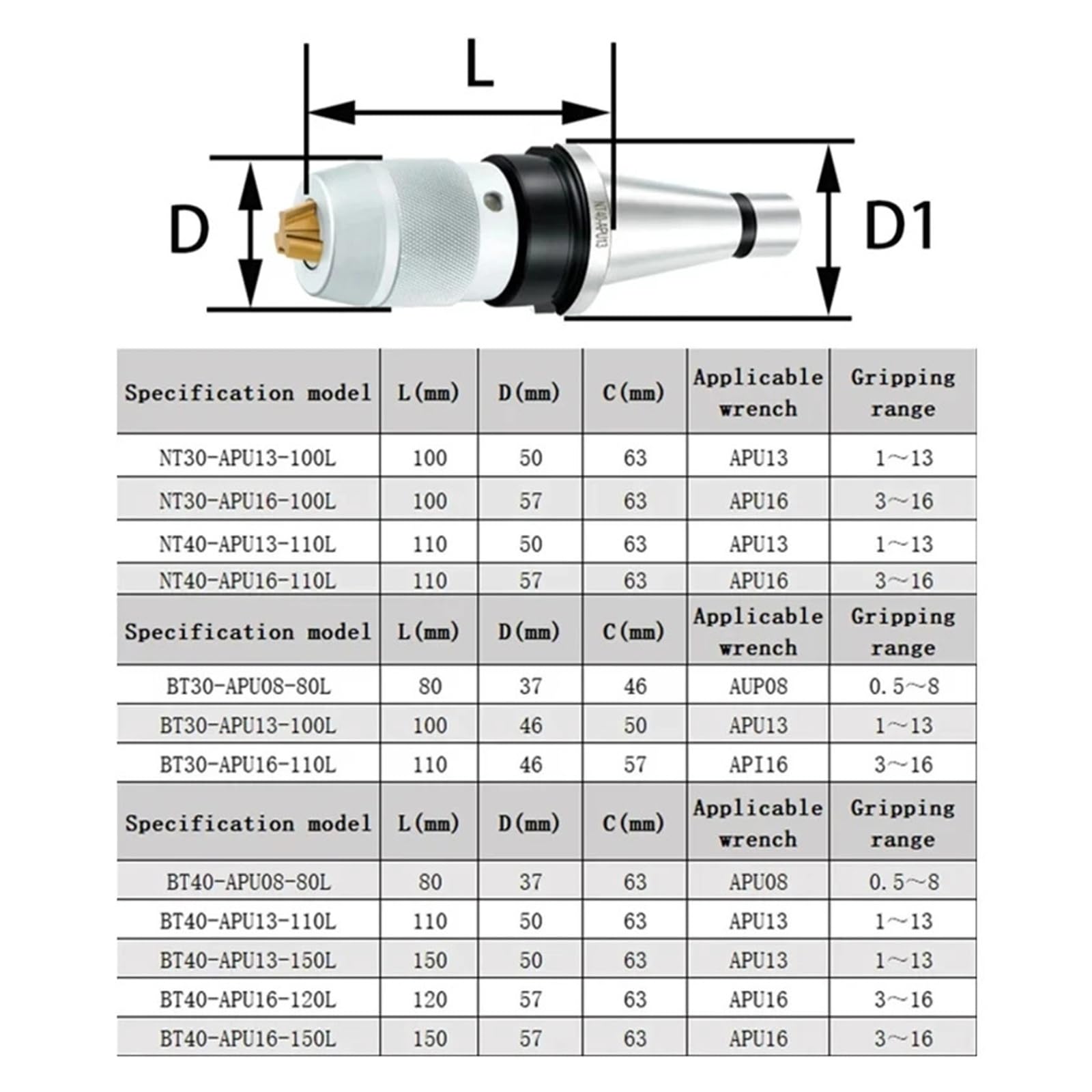 Porte-outils NT30 NT40 - Porte-outils de tour à serrage automatique intégré Collet de mandrin(NT30-APU13(1-13mm))