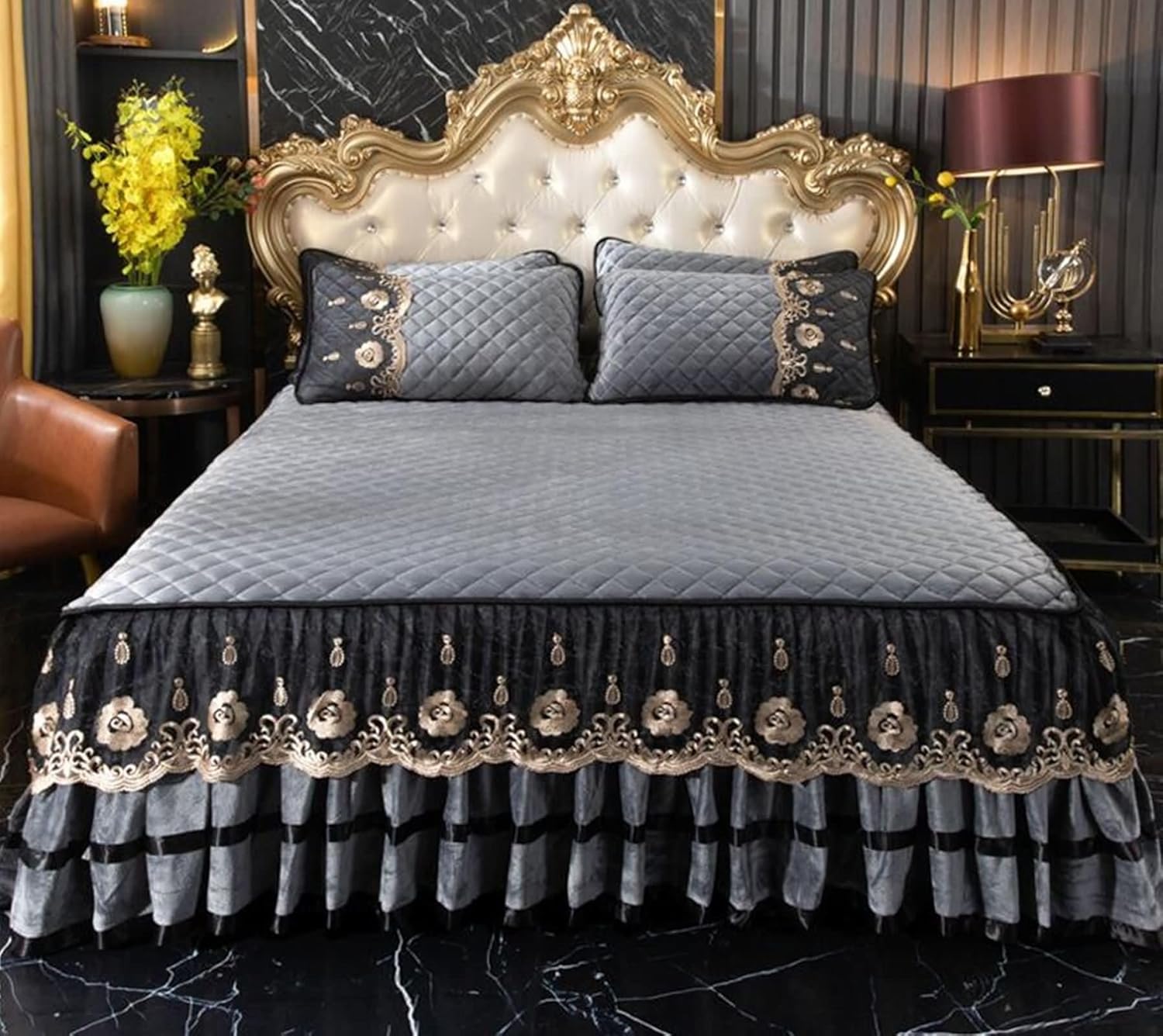 Beydodo Ruffled Bed Skirt 48 x 78 inch, Bedding Fitted Sheet Grey with Embroidered Lace, Velvet Mattress Protector 120x200cm