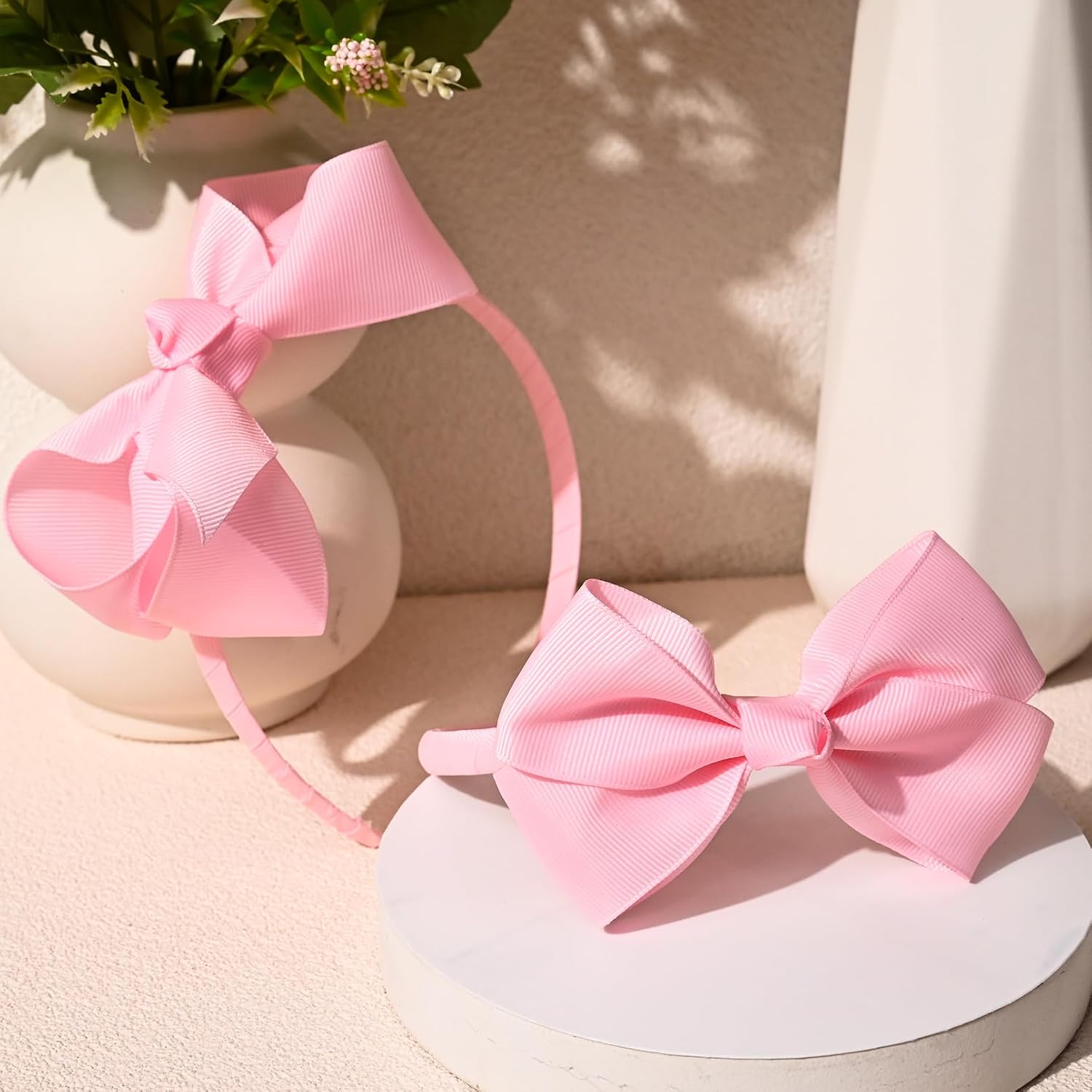 DEEKA 2 PCS 4" Light Pink Bow Headband Grosgrain Ribbon Hair Bows Hair Band Accessories Set of 2 -Light Pink image 5
