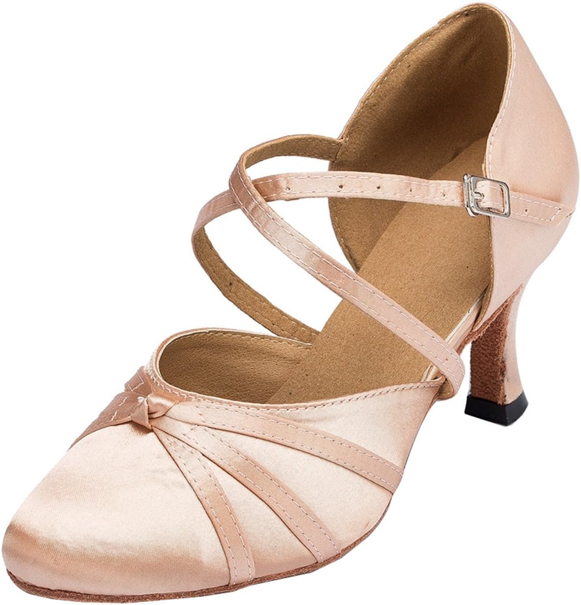 Minishion Women's Closed Toe Dance Heels Nude Satin Latin Ballroom Dance Shoes 3" Heel US 9