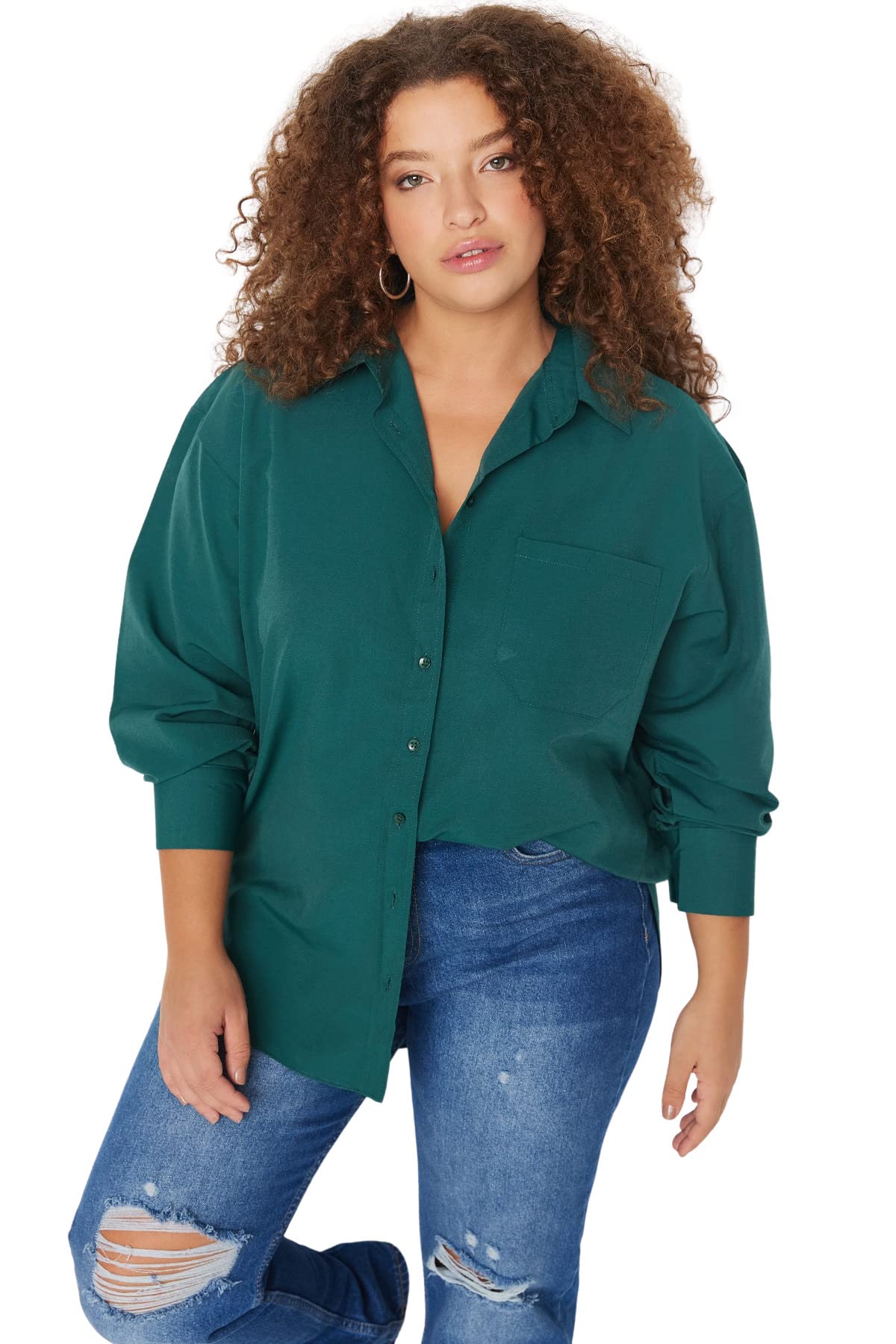 Trendyol Curve Damen Khaki Dunkelgrünes Gewebtes Boyfriendhemd Für - Größe 42