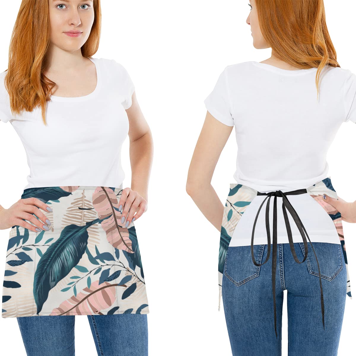 bisibuy Hawaiian Plants 3 Pack Server Aprons with 3 Pockets, Jungle LeaveS Waitress Waiter Wasit Apron for Women Men Restaurant Bistro Cafe Bars Half Aprons Waitress Server Accessories