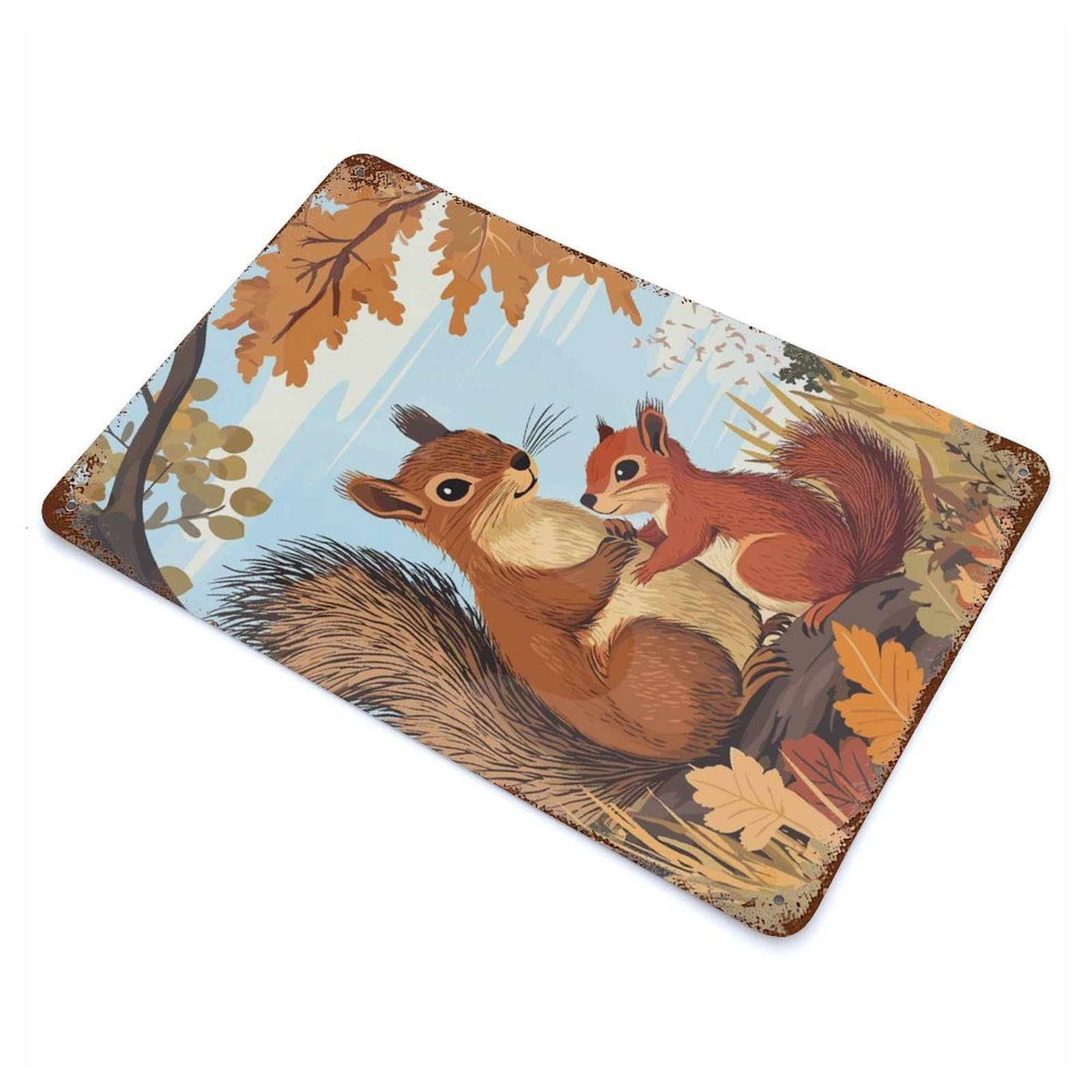 Squirrel Family Weathered Tin Sign 11.8"x7.9", Shabby Chic Decor for Garage, Pub Or Kitchen