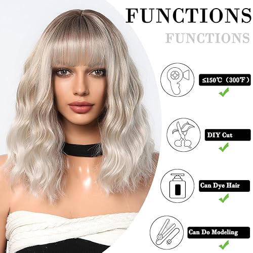 Miniatura 8 de Pelucas cortas onduladas negras para mujer, peluca natural hasta el hombro con flequillo, pelucas sintéticas para cosplay diario