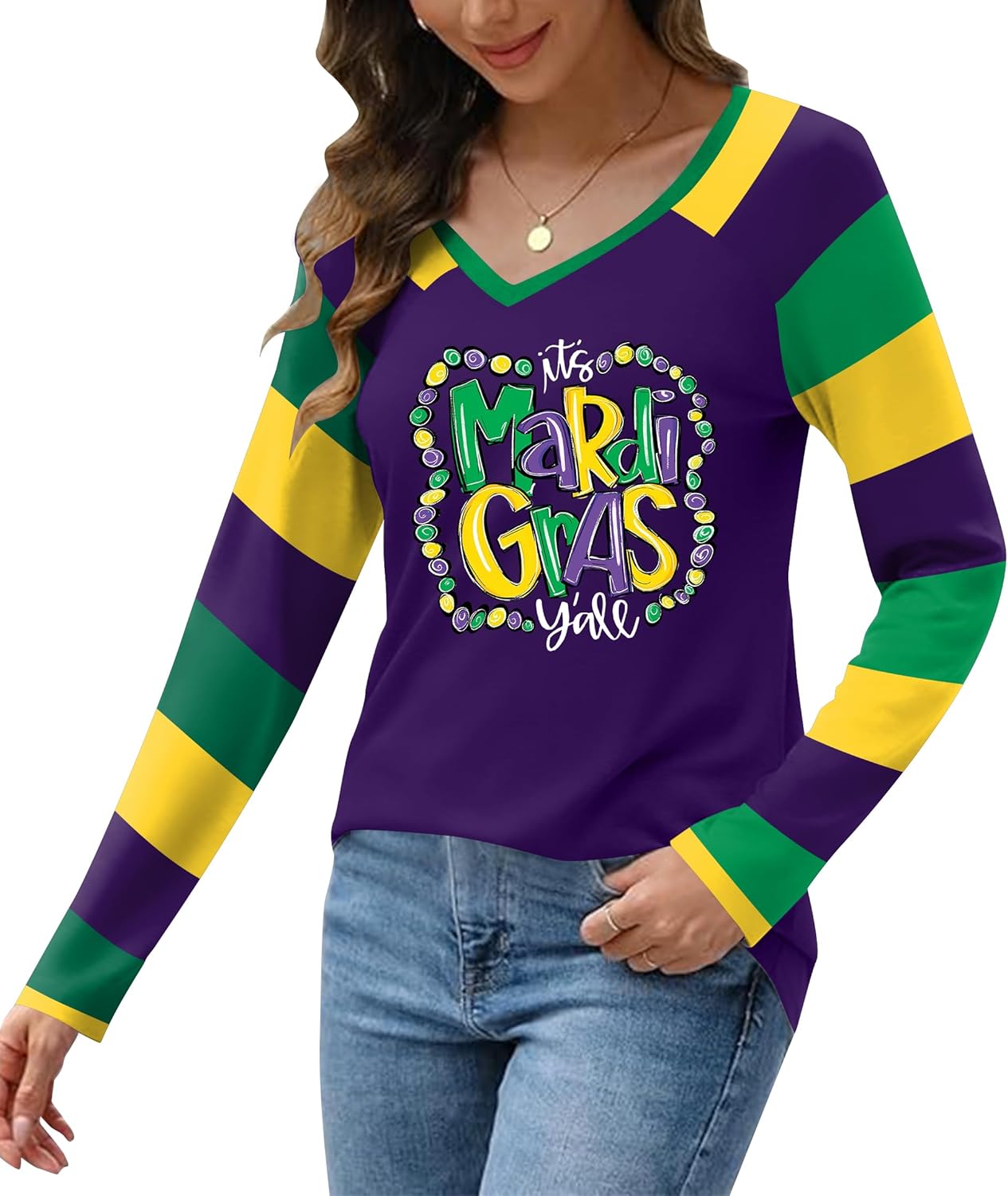 Mardi Gras Long Sleeve Shirts for Women: Funny Mask Graphic Tee Carnival V Neck Tshirt New Orleans Party Tops - Image 2