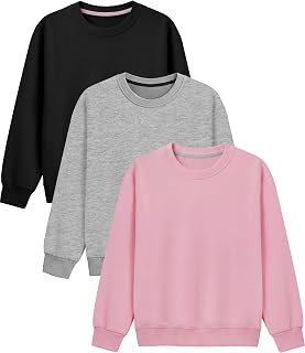 Poroka 3 Pack Girls Fleece Cotton Kids Sweatshirts Solid Long Sleeve Crewneck Pullover Tops Fall Winter Casual Clothing