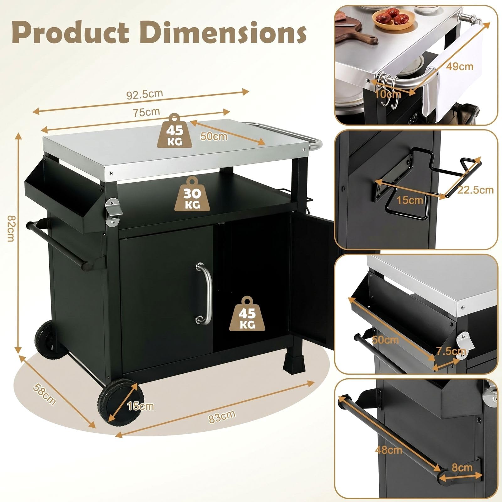 TLSUNNY Grilltisch Outdoor mit Edelstahl Tischplatte | Grillwagen mit Unterschrank, Servierwagen mit 2 Rollen, für Garten, Terrasse, Balkon, Partys, BBQ Beistelltisch