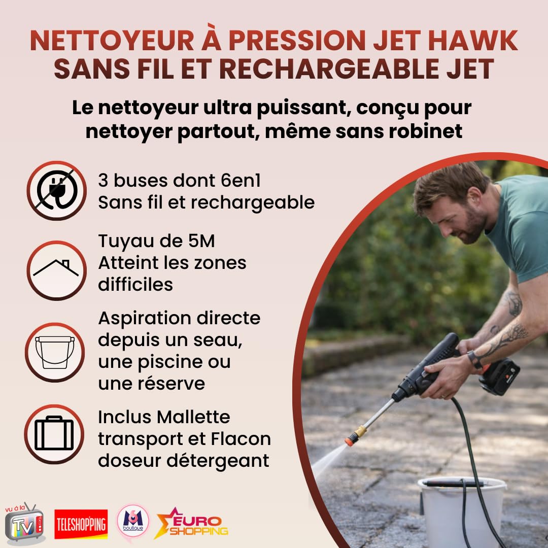 VENTEO Jet Hawk Nettoyeur Pression sans Fil | Batterie Rechargeable | Pistolet à Eau Jet Concentré Réglable | Accessoire Voiture pour Nettoyage Voiture Extérieur Carrosserie Jantes Surfaces