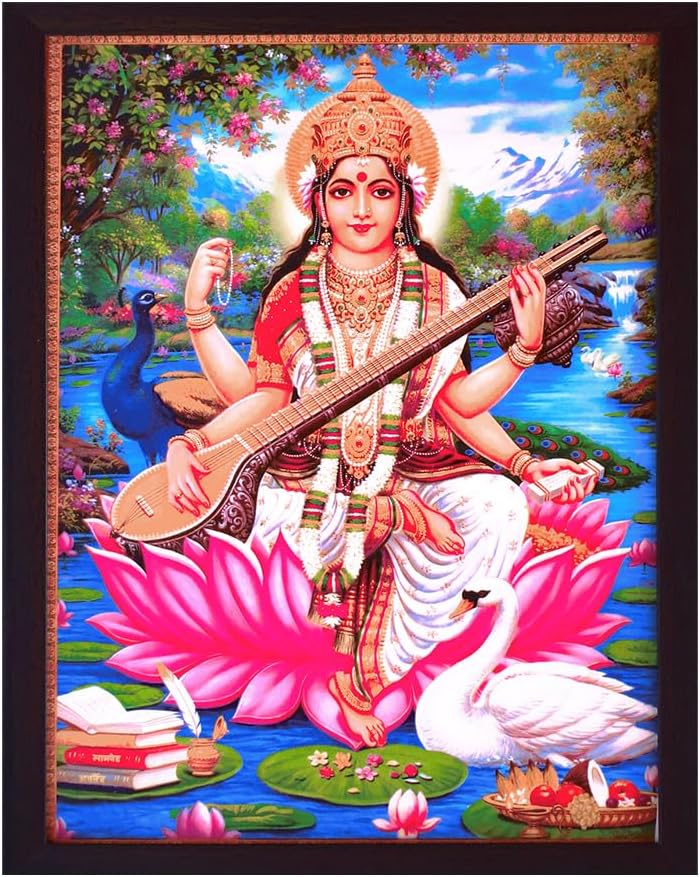 SANVIKA Saraswati Poster Frame Wall Art – Goddess Saraswati with Veena & Swan, 12" x 9", Hindu Religious Home & Office Décor, Living Room Wall Decoration (223-21)