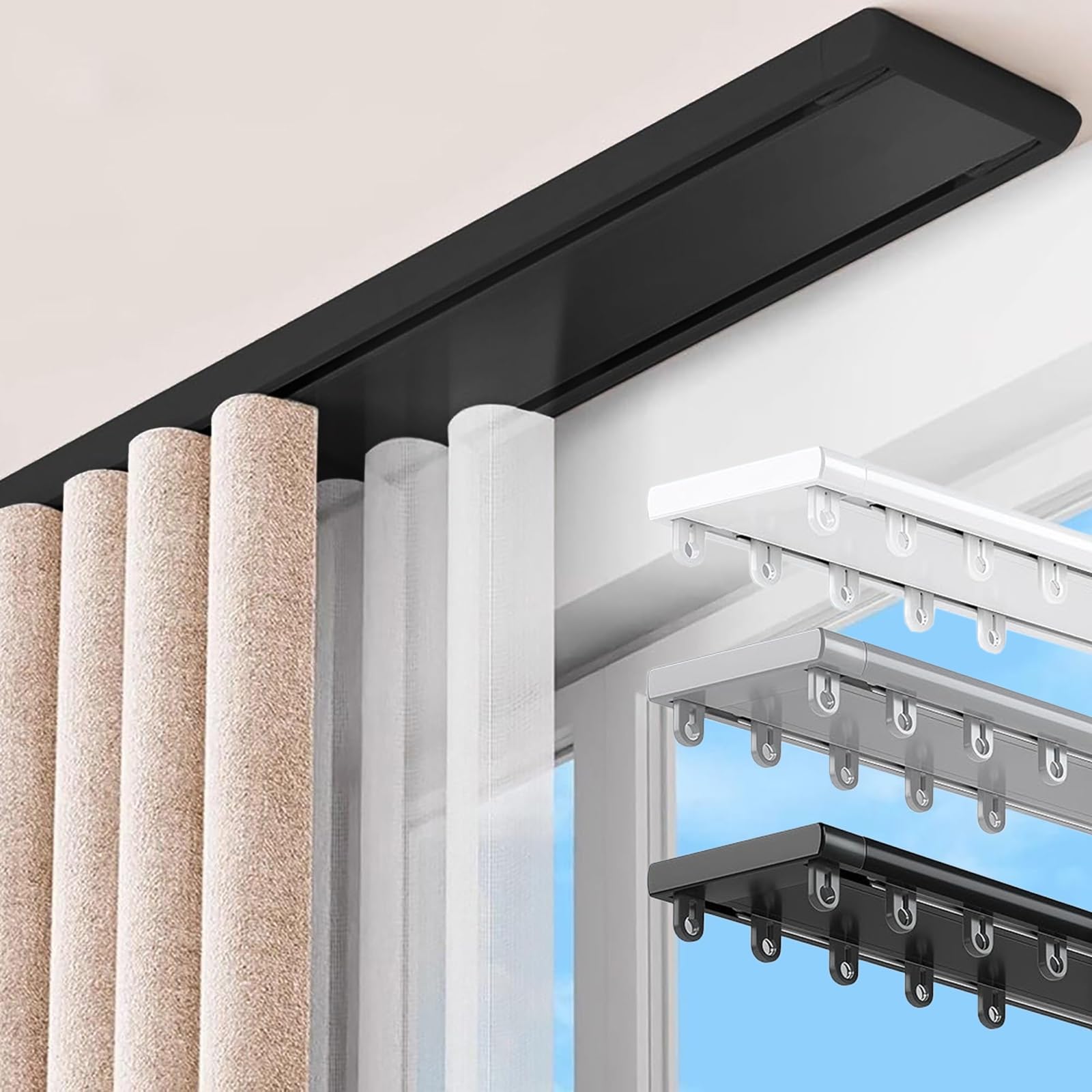 System szyn szynowych z podwójną zasłoną, 4,1 m, czarny uchwyt sufitowy z rolkami, idealny do sypialni i salonów Trwały aluminiowy pręt do płynnego przesuwania