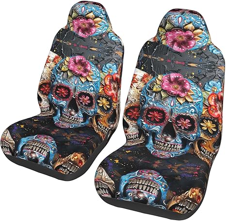 Sugar Skulls Car Seat Covers,Fabric Front Seat Cover,Airbag Compatible, Automotive Comfort,Trucks,SUV