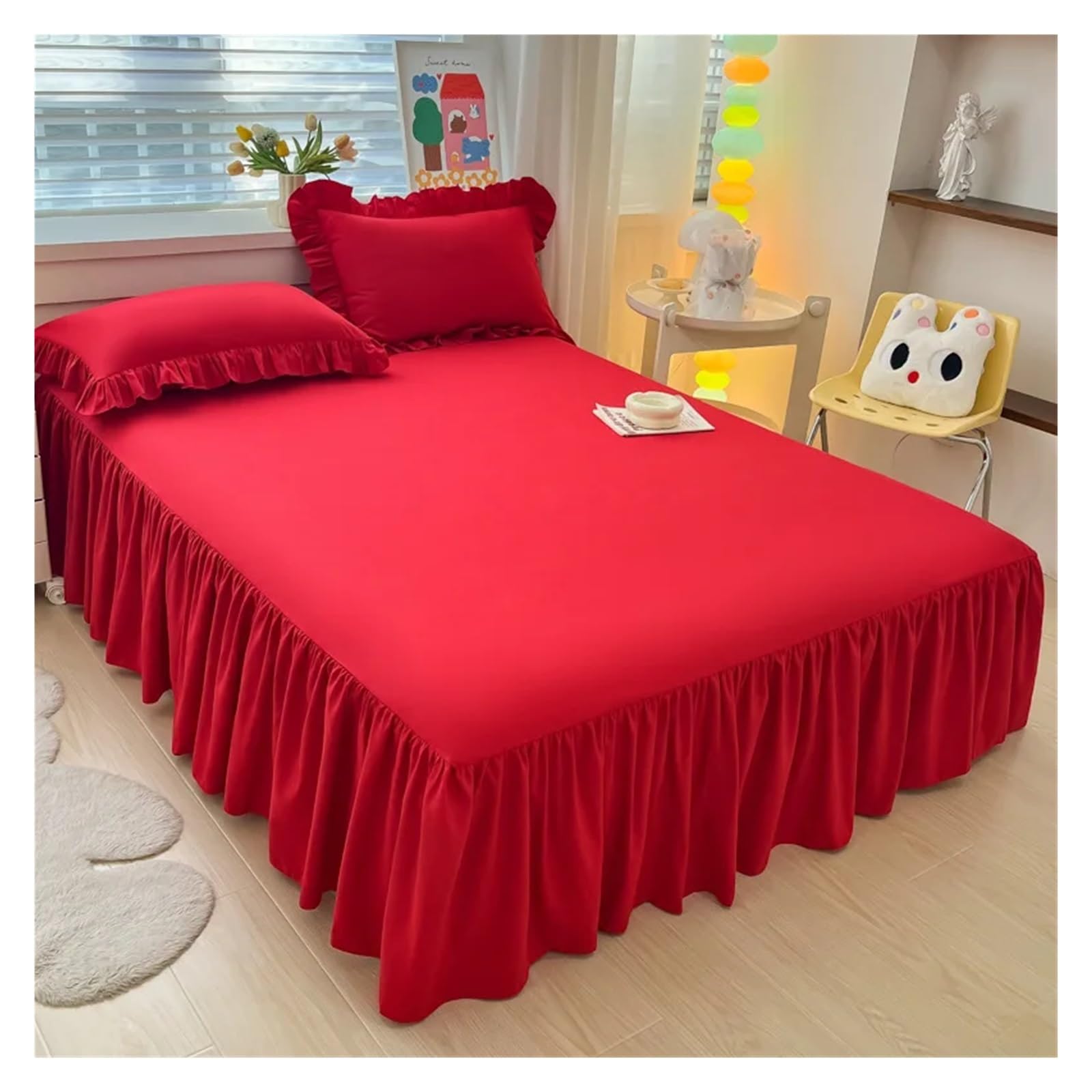 Elegant Princess BedSkirt Non-slip Mattress Cover Ruffled Lace Bedsheet Bed Cover Protector Home Bedspread Bed Skirt(Red,1 pc skirt 180x200cm)