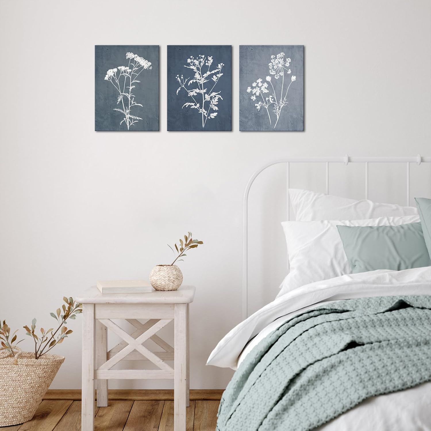 LoveHouse Blue and White Canvas Wall Art Farmhouse Plant Pictures for Bathroom Neutral Blue White Painting Prints