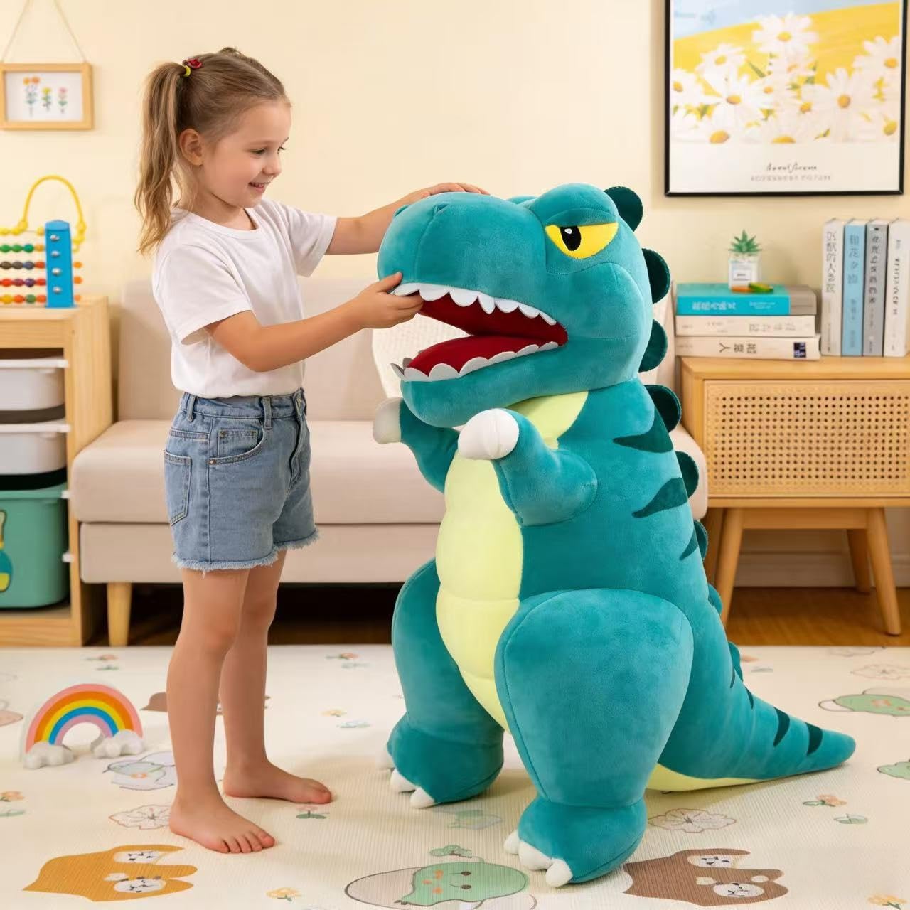 Generisch Peluche a forma di dinosauro, XXL gigante dinosauro, morbido peluche T-Rex per coccolare e sedersi, regalo per bambini e adulti (blu, 60 cm)