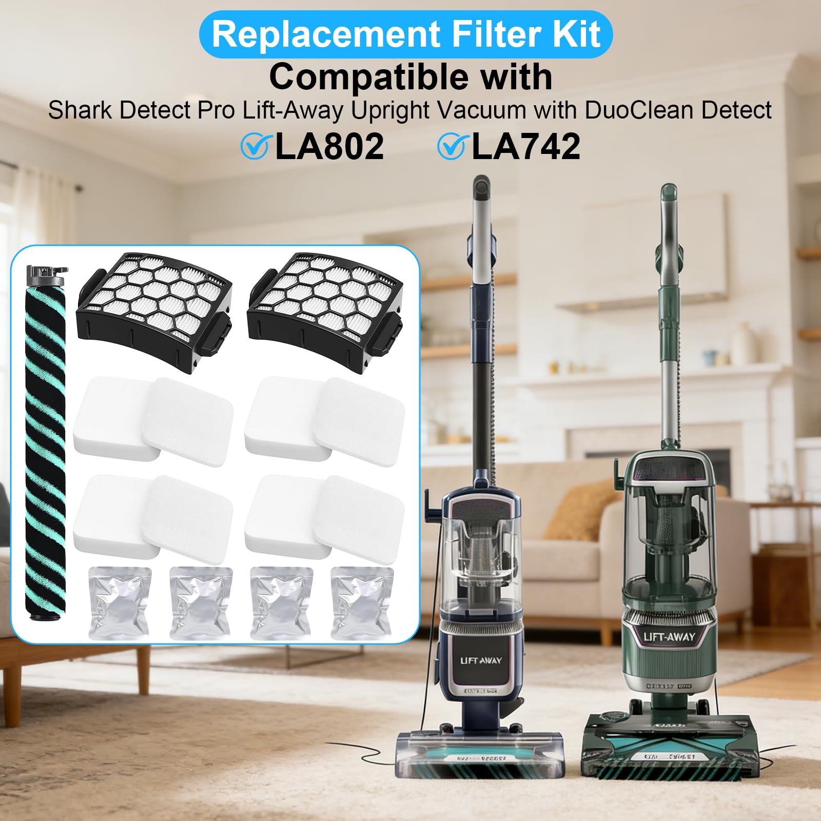 Filtro compatible con Shark LA802 LA742 Detect Pro Lift-Away ADV aspiradora vertical sin bolsa, kit de mantenimiento completo con 1 cepillo de rodillo suave, 2 filtros HEPA, 4 espuma y fieltro, 4