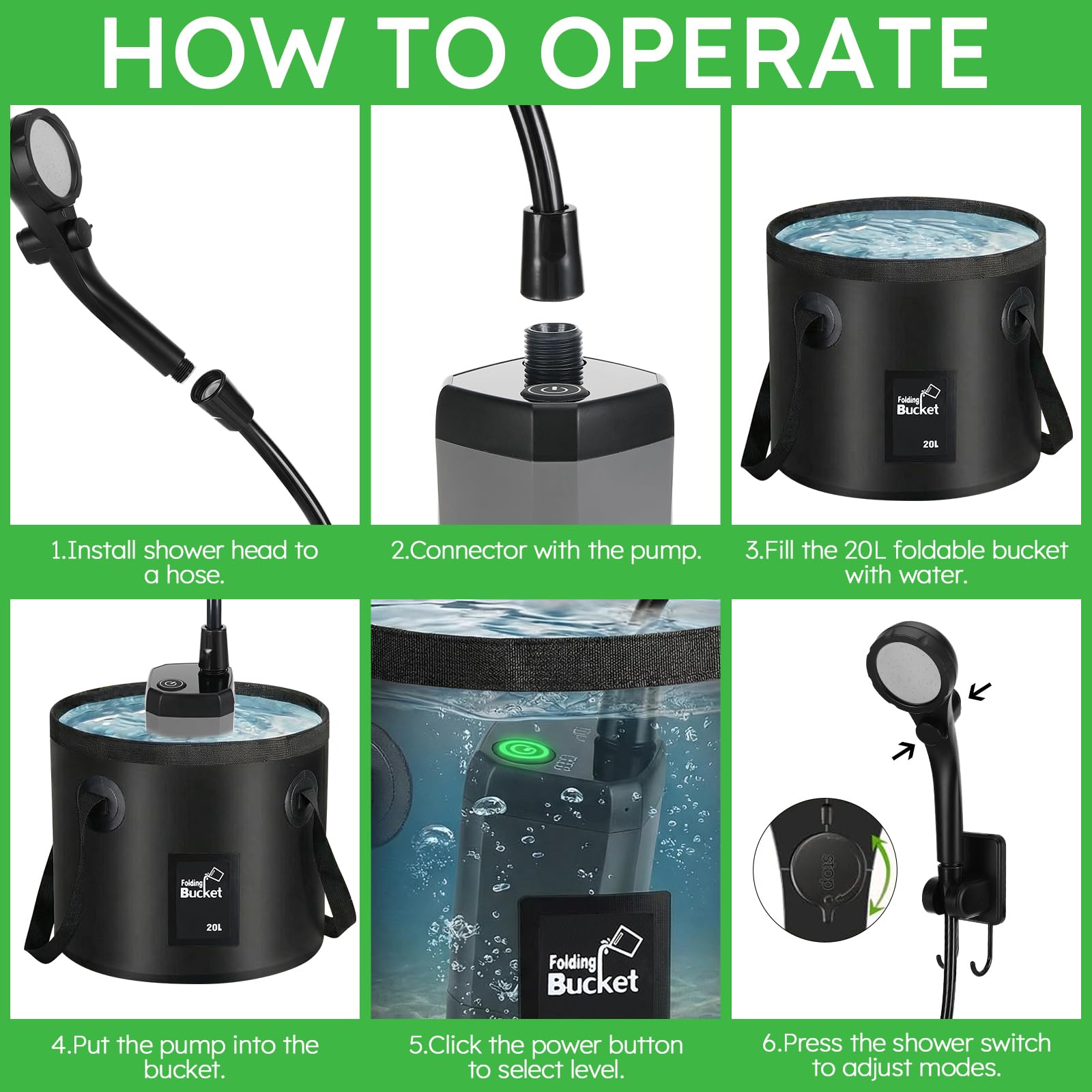 Doccia da Campeggio con Secchio Pieghevole 20L, 6000 mAh Doccia Ricaricabile Portatile con Doppio Display Digitale e Temperatura, Impermeabile IPX7 Doccia Esterna per Spiaggia, Auto, Animali, Giardino