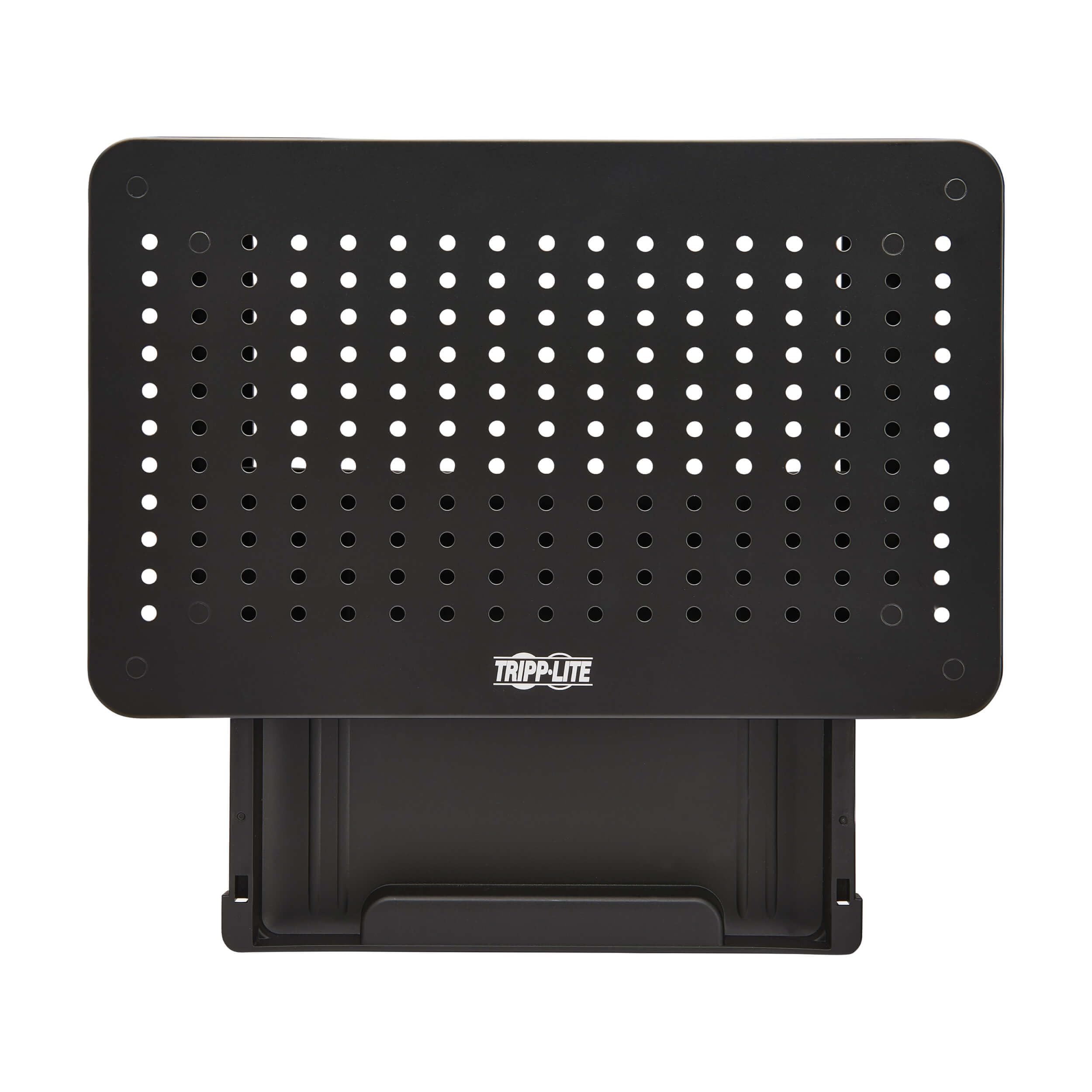 Tripp Lite Supporto per monitor singolo per scrivania con cassetto portaoggetti, regolabile in altezza, struttura in metallo con prese d'aria e piedini in gomma, nero, piattaforma 38,1 x 22,9 cm,