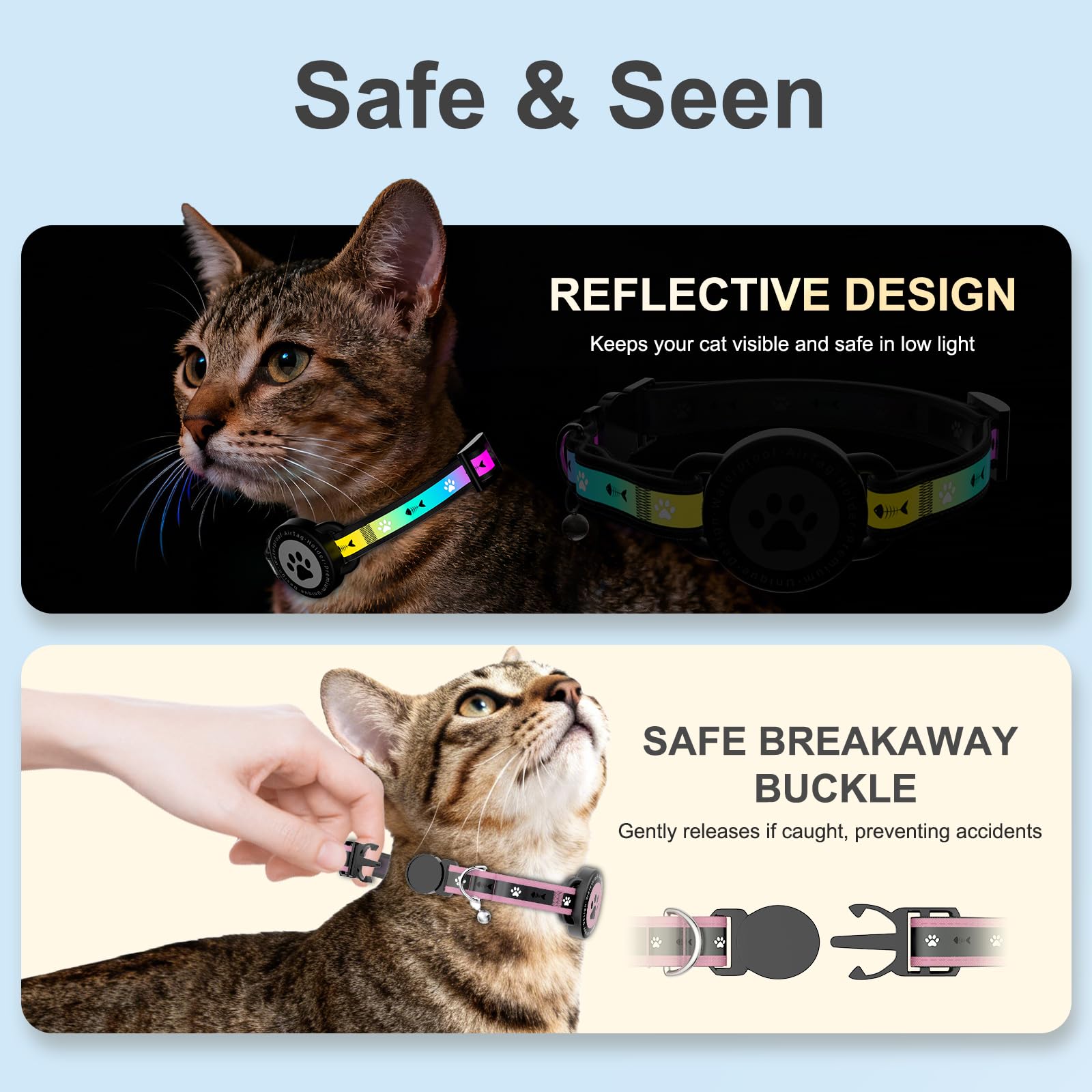 Airtag - Collar de gato Breakaway, collar reflectante para gatito con soporte para Apple Air Tag y campana, acolchado cómodo, ajustable, duradero, se adapta a gatos y niñas (rosa, XS)