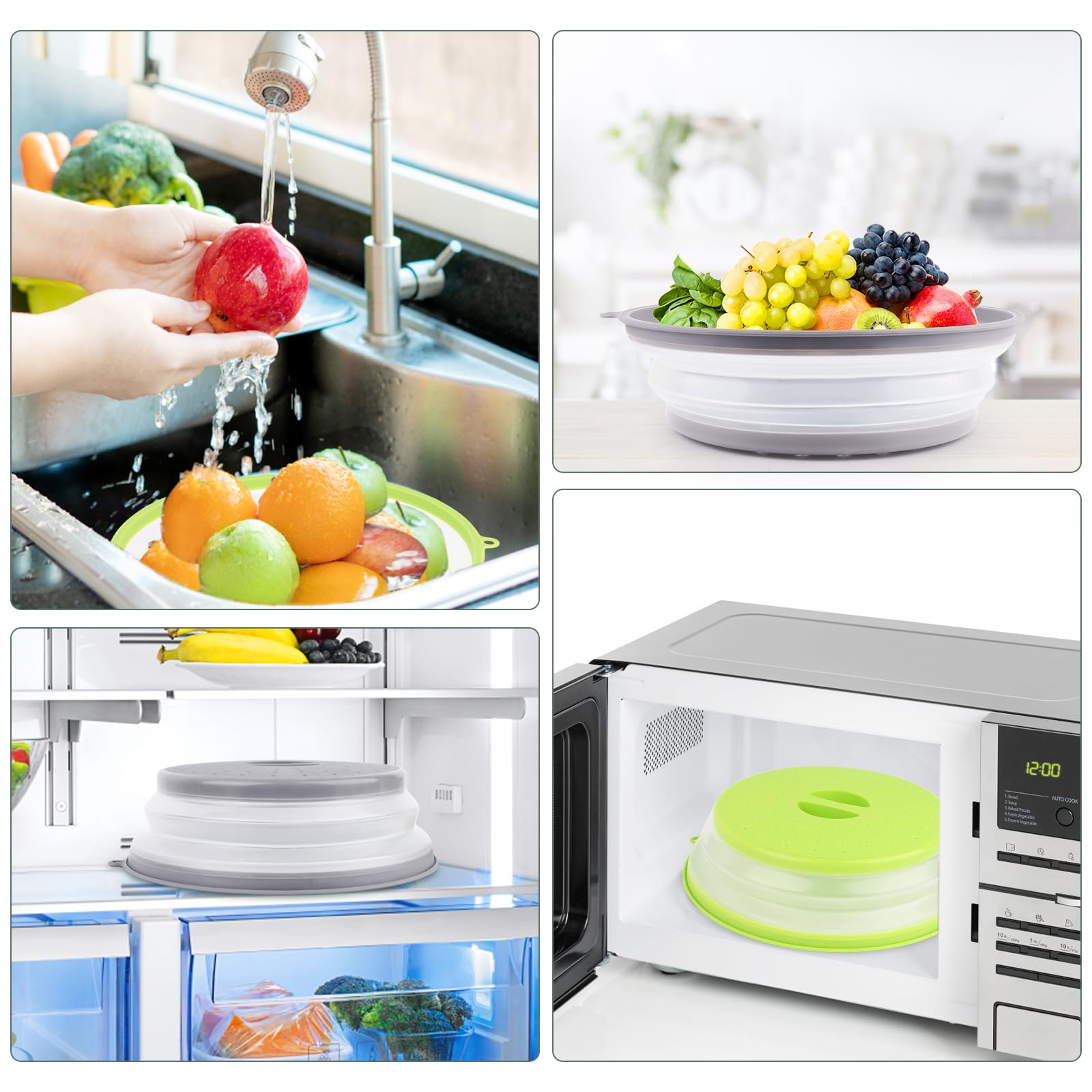 2 Piezas Tapa Microondas Plegable(Verde,Gris), Tapa Microondas Libre BPA, Tapa de Salpicaduras de Microondas, Canasta de Filtro de Frutas Verduras,Tapa para Microondas Plegable con Orificio de Vapor