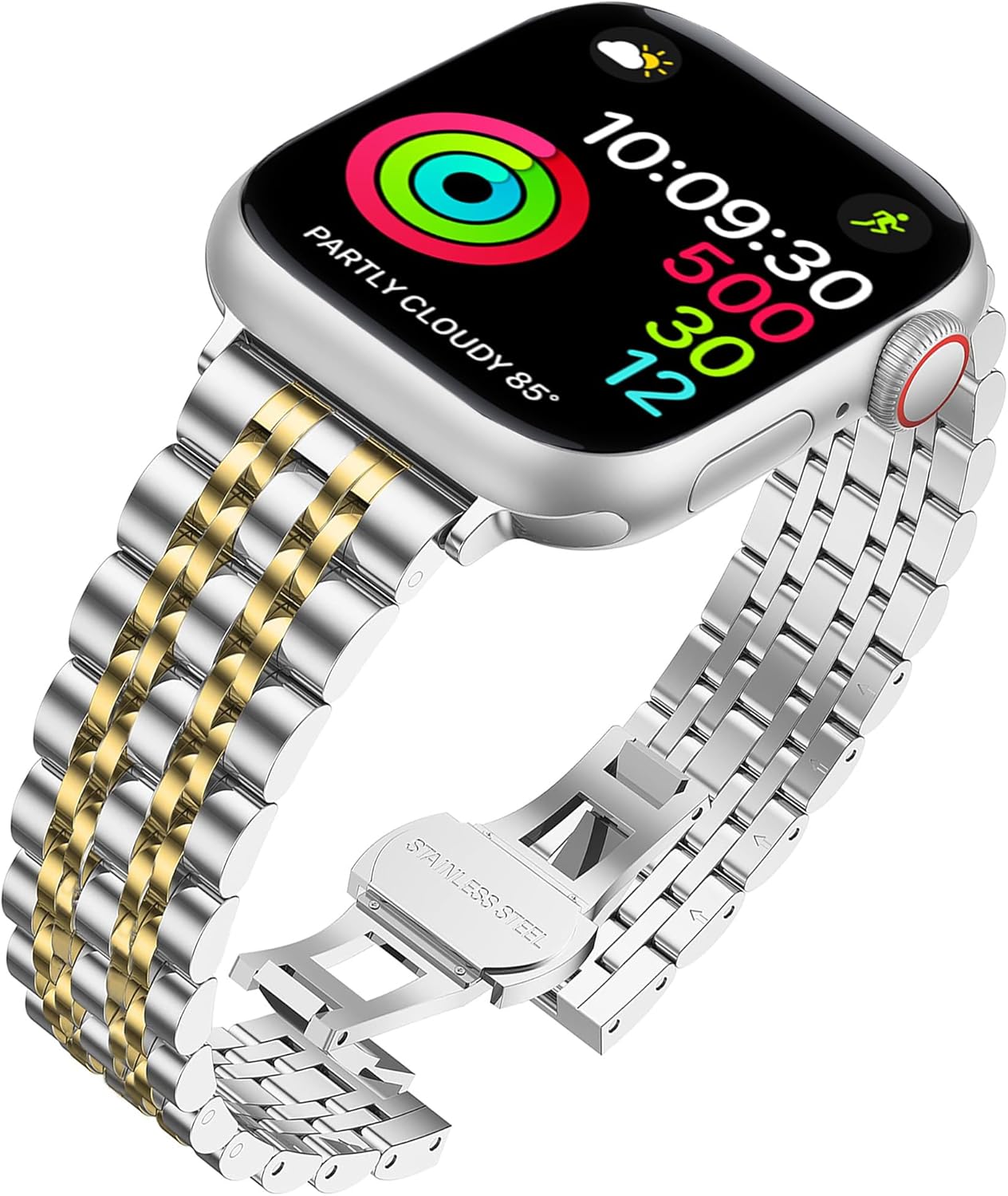 Stainless Steel Band Compatible with Apple Watch 49mm 46mm 45mm 44mm 42mm 41mm 40mm 38mm, Dressy Business Strap for iWatch Series 11 10 9 8 7 6-1, SE3 2 1, Ultra 3 2 1, Two-Tone Metal Bands w/ Butterfly Clasp for Men&Women, Adjustable Links w/ Removal Tool - Image 5